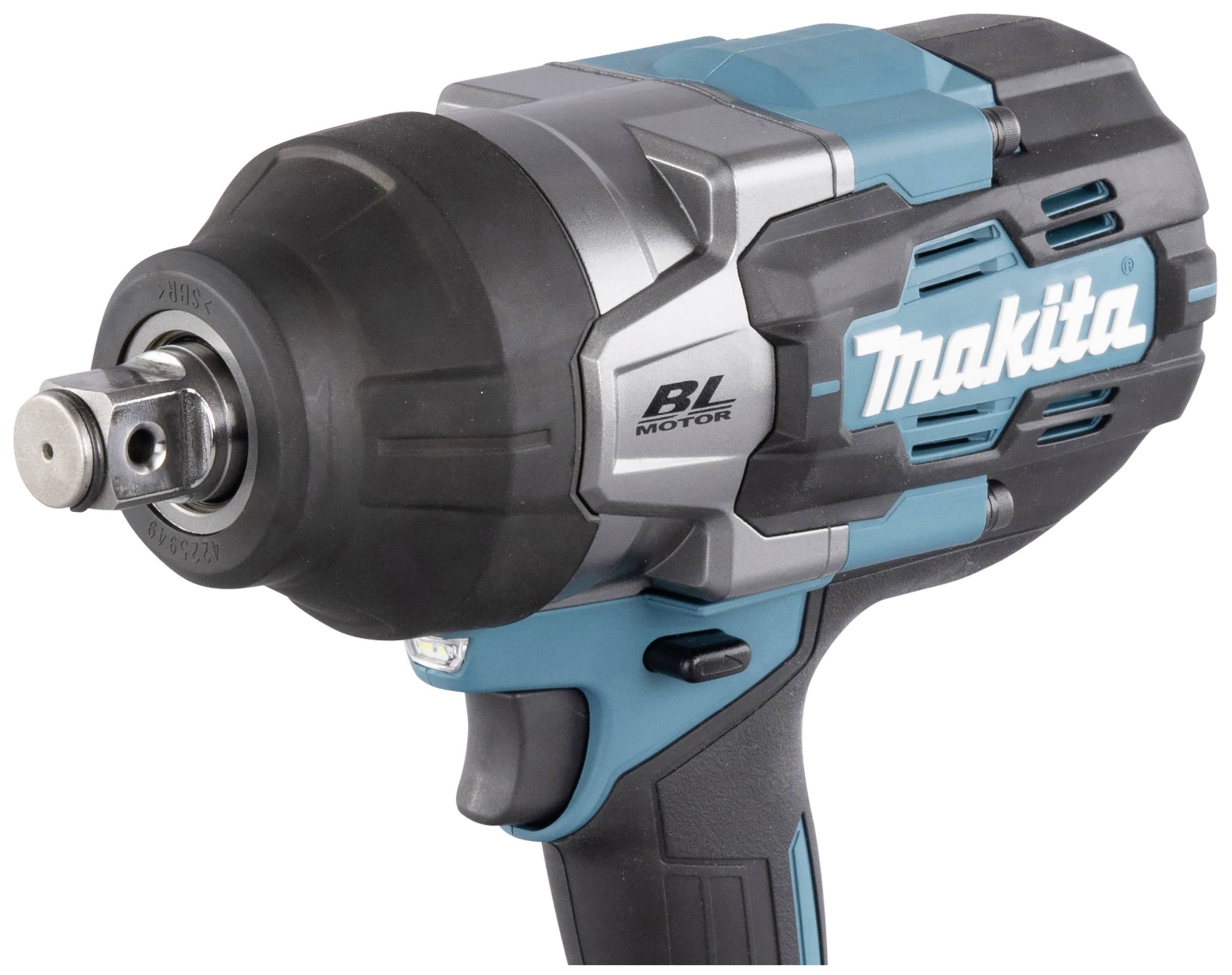 Un avvitatore a batteria con involucro blu e nero, contrassegnato con 'BL Motor'. Adatto per lavori di avvitamento con alto momento torcente.