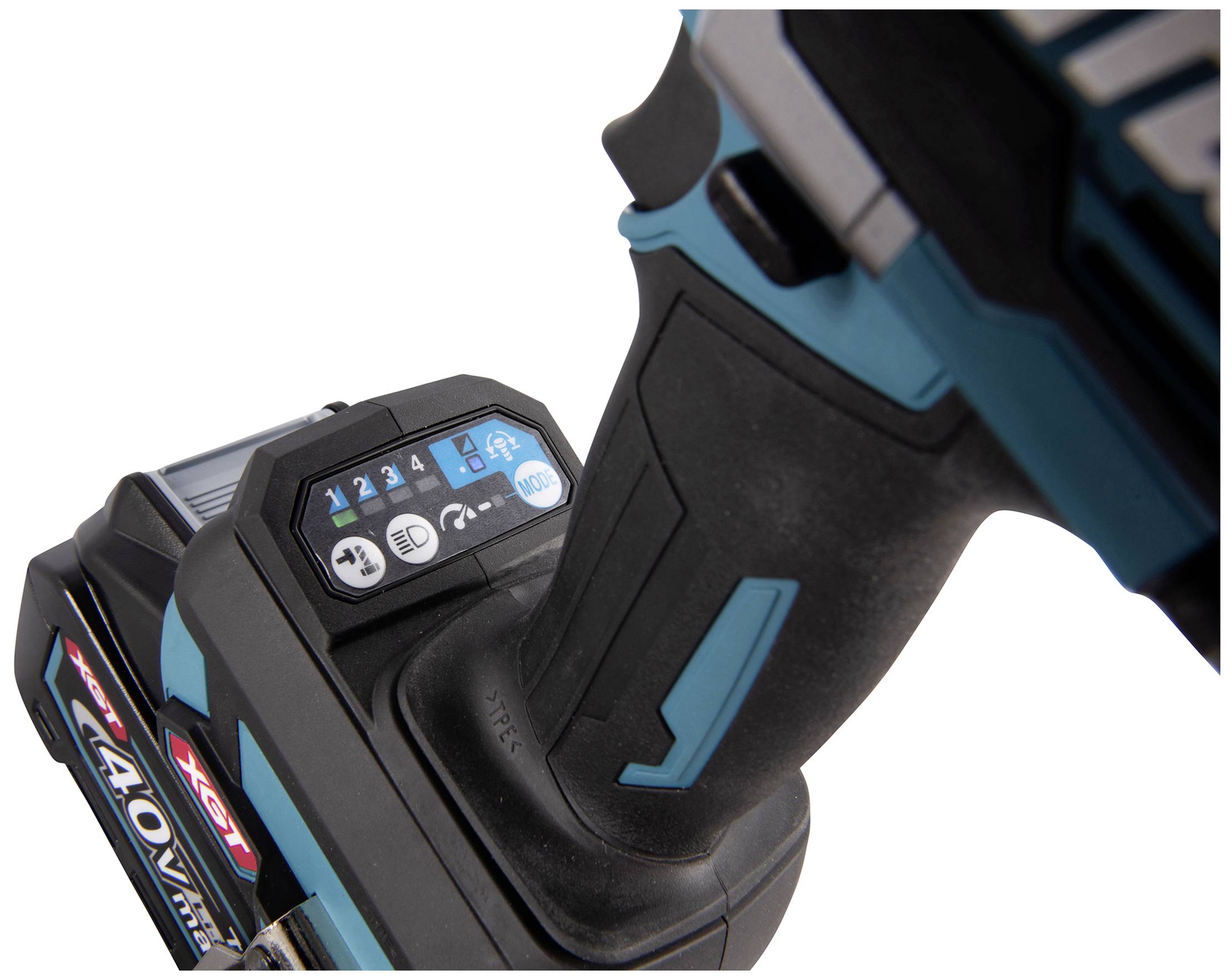Primo piano di un avvitatore a batteria nero e turchese con impugnatura blu e comandi. Batteria con scritta '40V Max'.