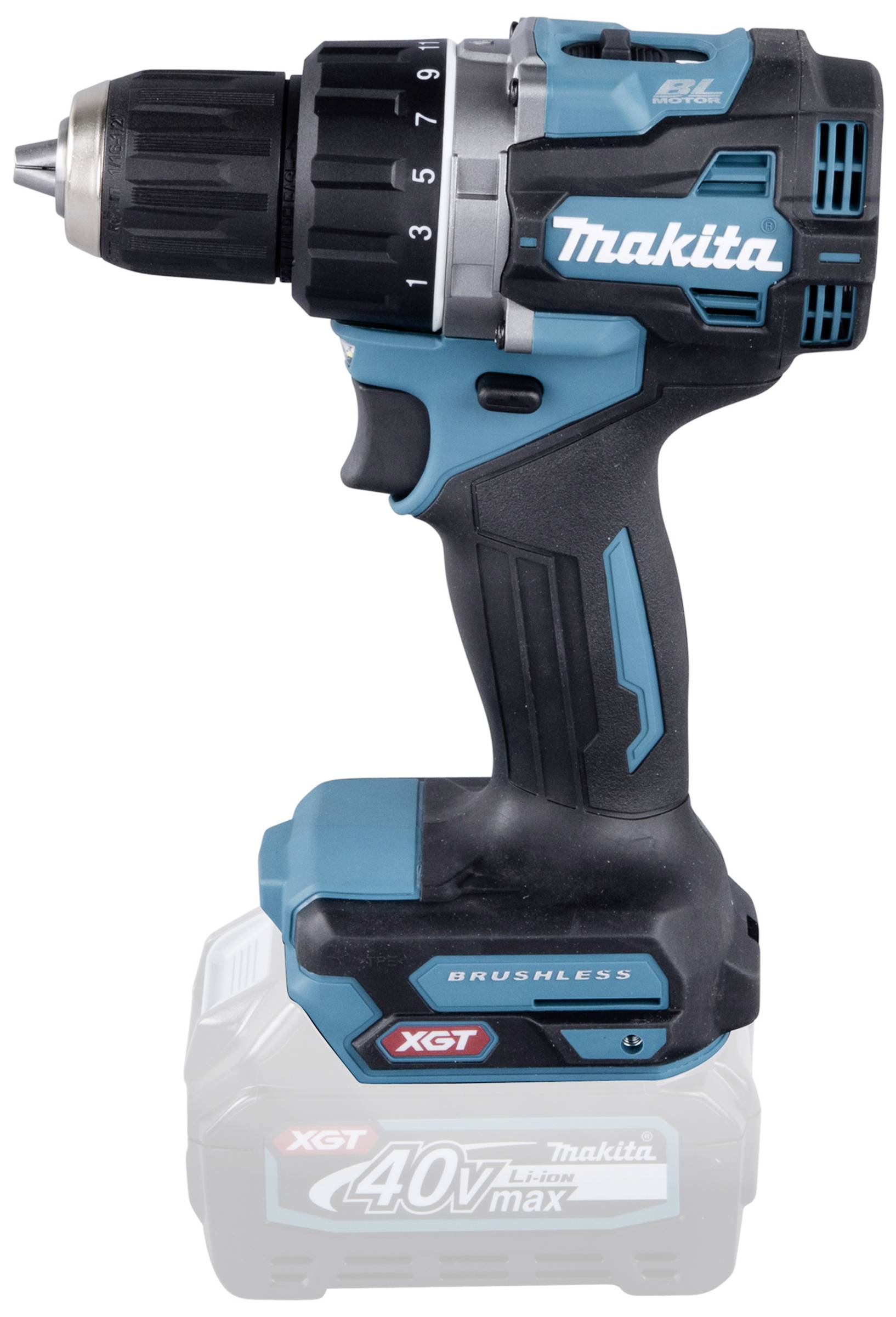 Avvitatore/trapano a batteria in blu e nero con logo 'Makita', batteria Li-Ioni da 40V, motore brushless, selezione coppia da 1 a 9.
