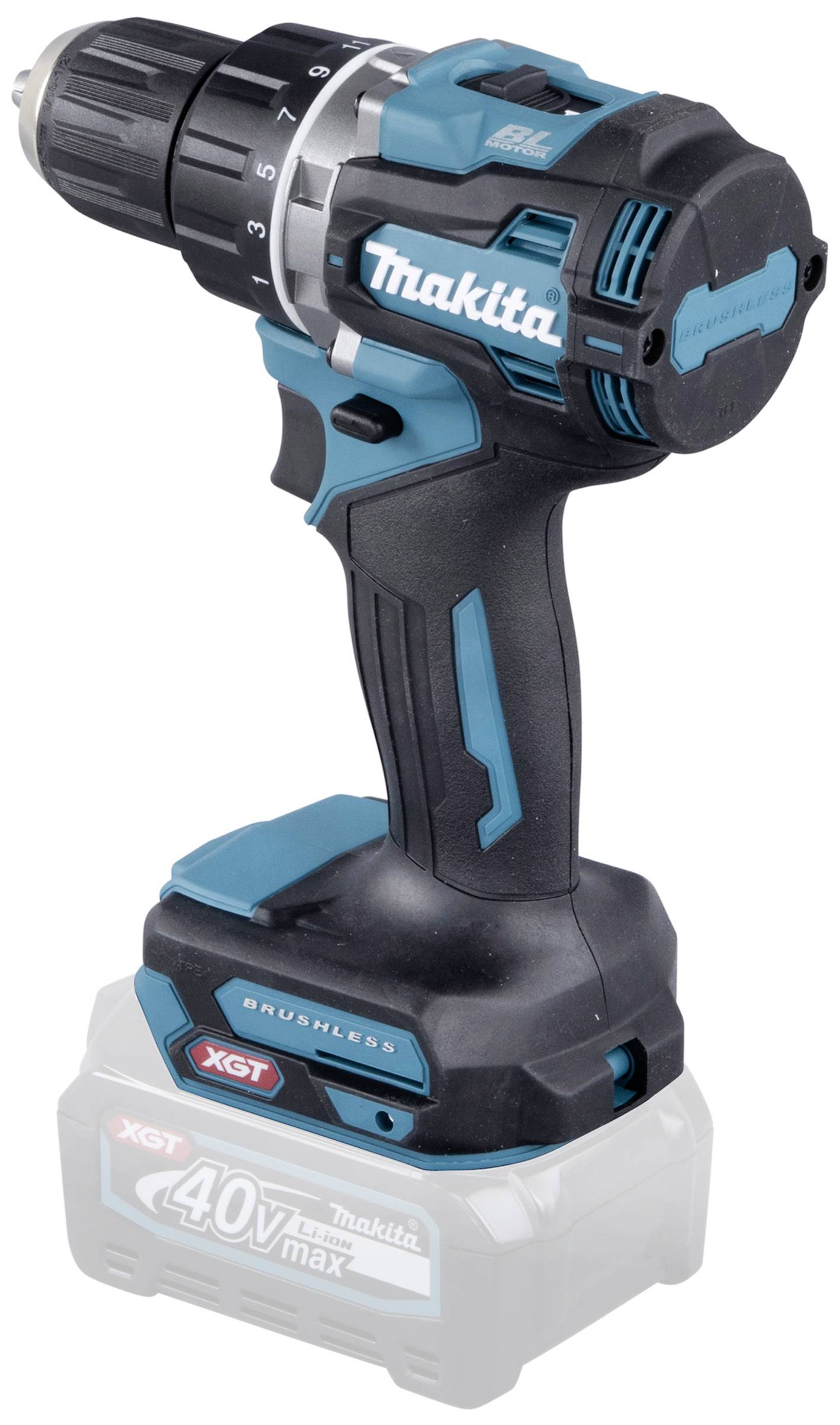 Avvitatore a batteria con custodia blu-nera e batteria da 40V, marca 'Makita'.