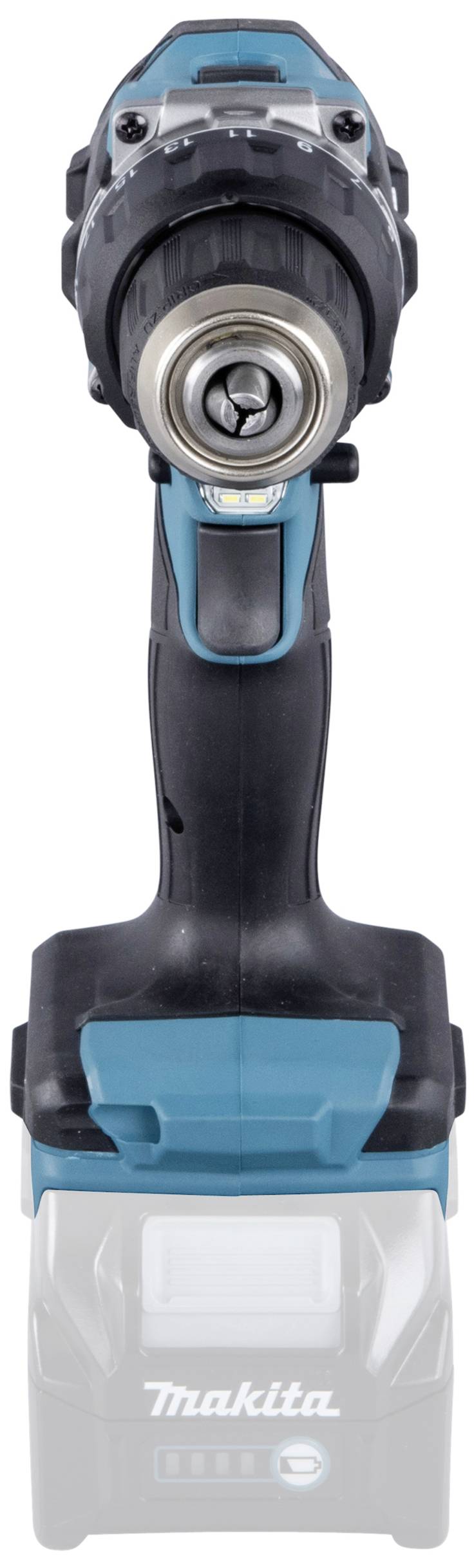 Avvitatore in vista frontale, blu-nero, senza batteria inserita, con testina di foratura in metallo e impugnatura ergonomica su sfondo bianco.