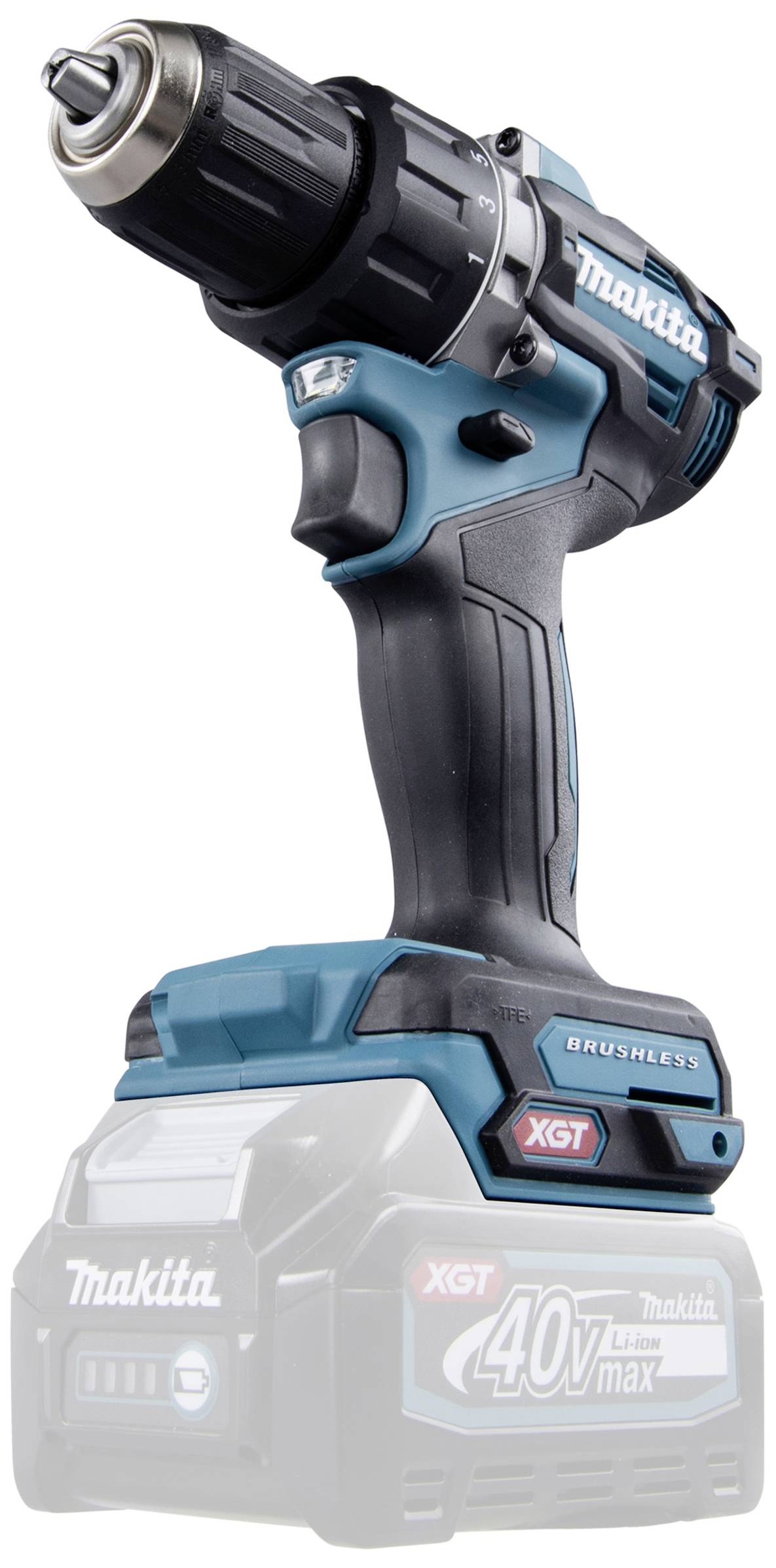 Trapano avvitatore a batteria senza fili con impugnatura ergonomica, in colorazione blu e nero. Marchio e modello 'Makita XGT' chiaramente identificabili.