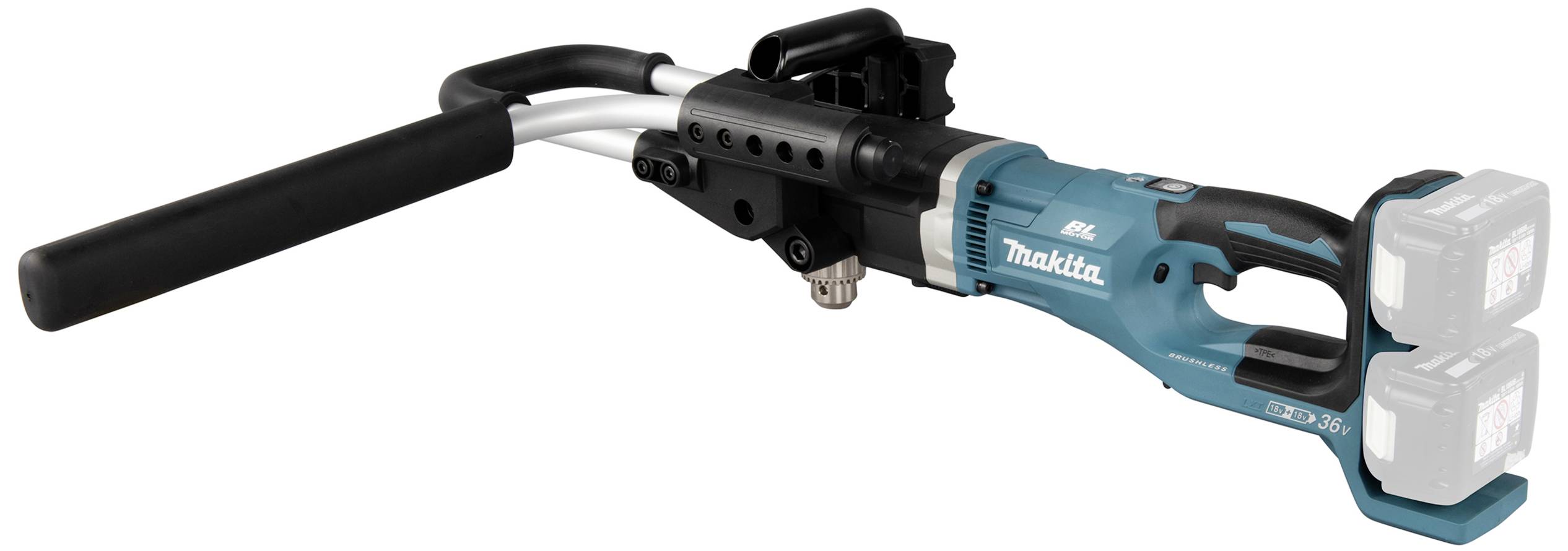 Dispositivo di pressatura manuale con impugnatura blu-nera, due batterie sul retro. Utilizzato per la compressione di tubi in lavori artigianali.