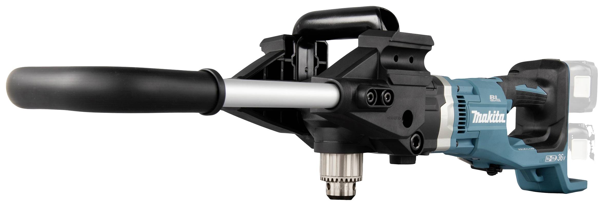 Trapano avvitatore con design robusto e impugnatura ergonomica. Colore turchese distintivo, con testina metallica per foratura e vano batteria posteriore.