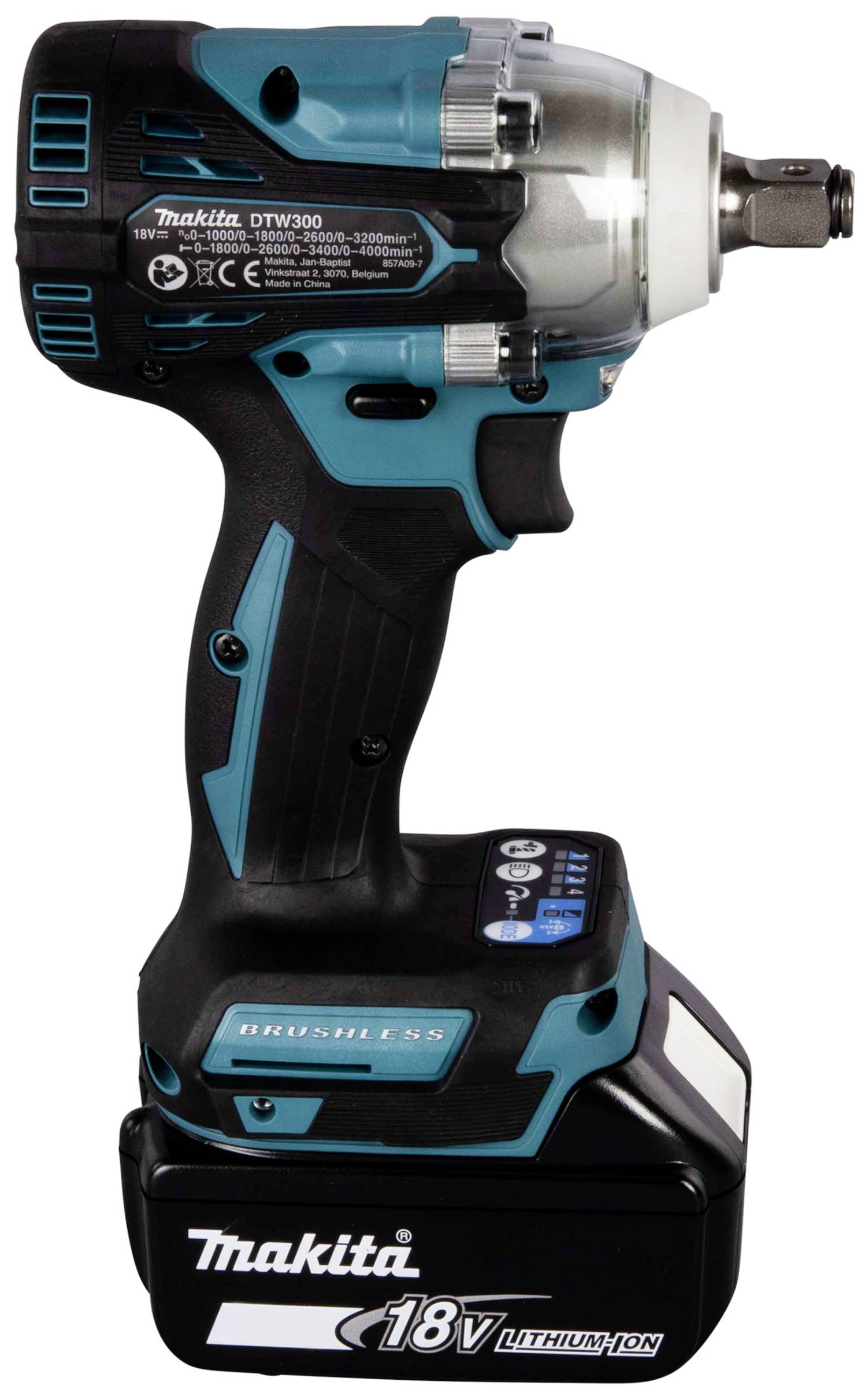 Avvitatore a impulsi senza fili con batteria agli ioni di litio da 18V e motore brushless. Nome del marchio visibile sul dispositivo. Adatto per lavori edili.