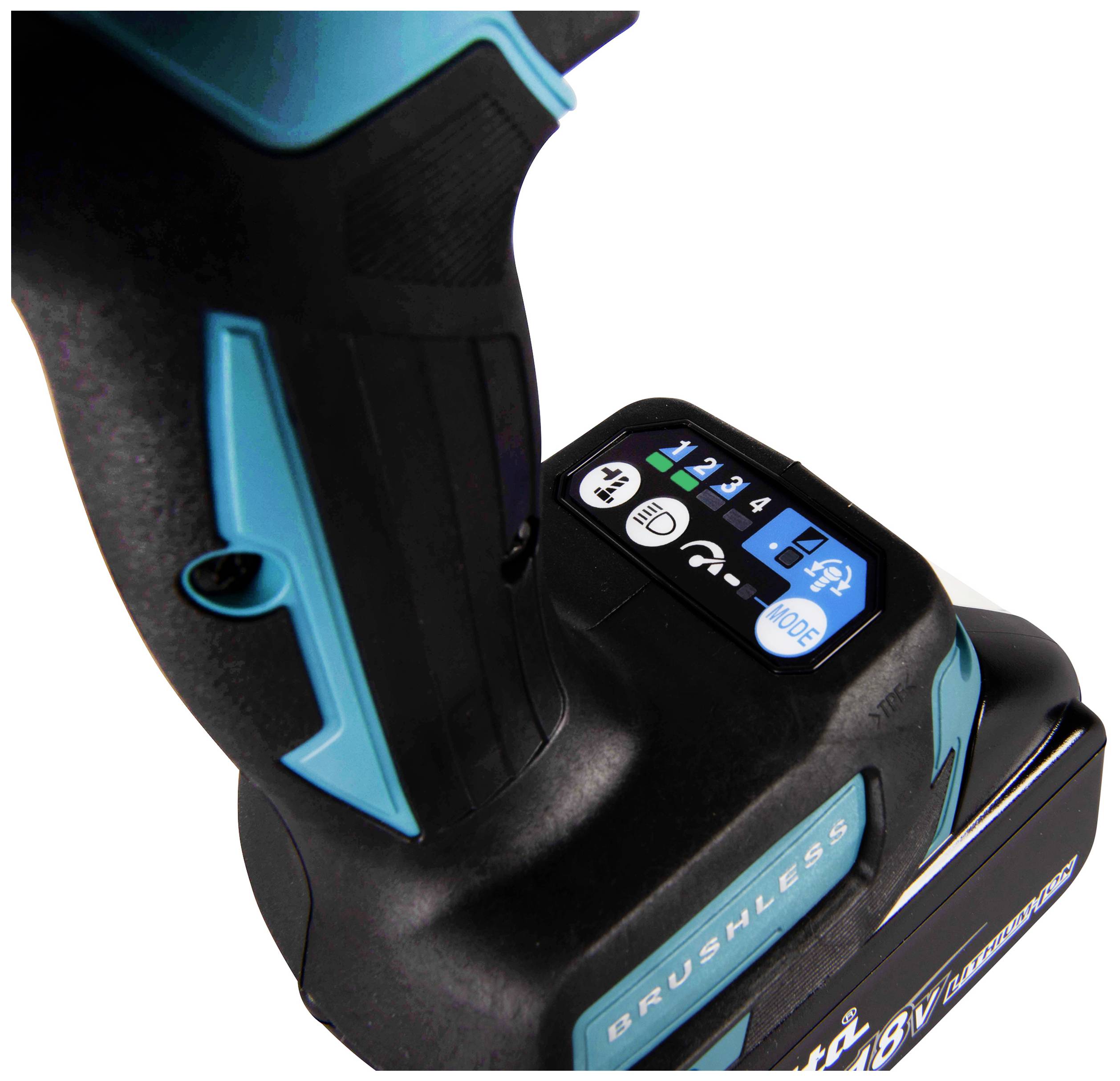 Avvitatore a batteria con impugnatura ergonomica, display digitale e design blu-nero. Nell'angolo in alto a sinistra, indicatore dei modi per il controllo della potenza.