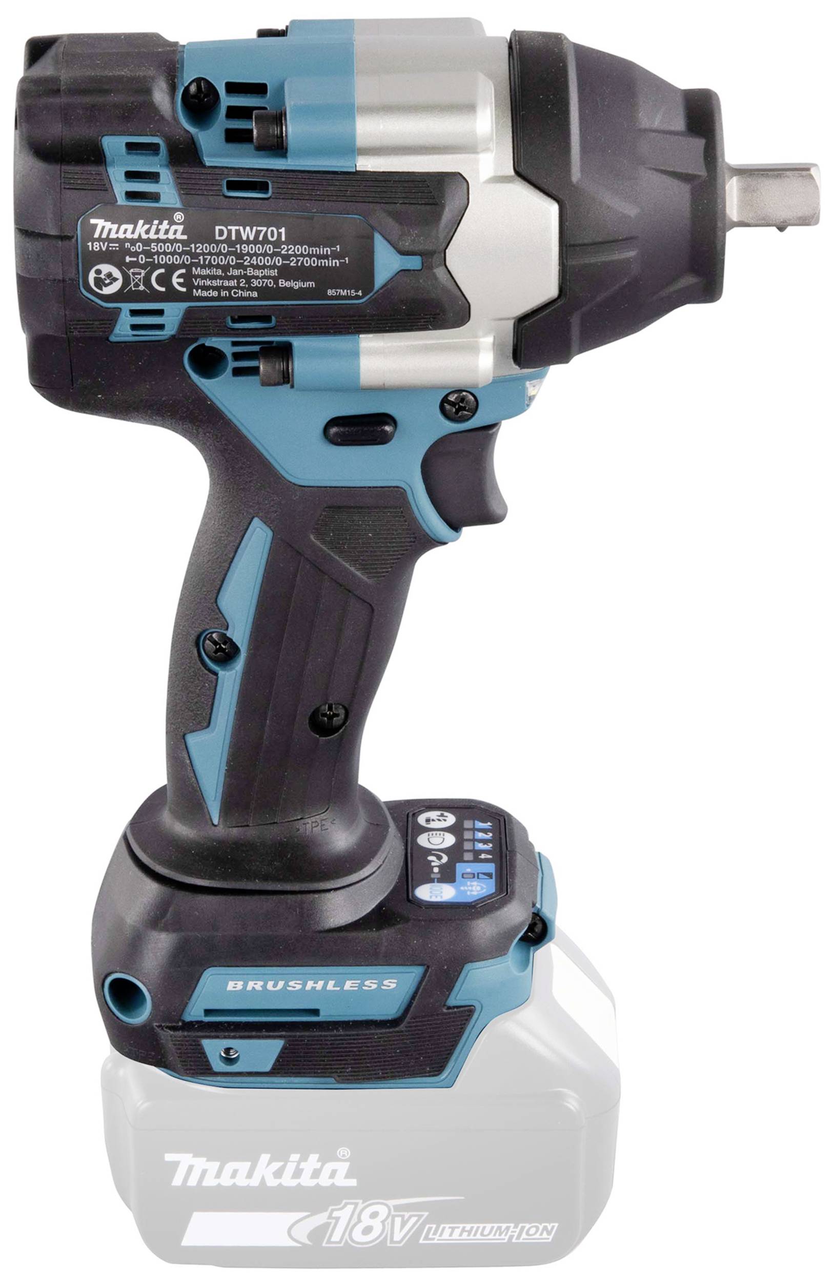 Avvitatore a percussione, blu-nero, con batteria agli ioni di litio da 18V. Utilizzato per serrare o allentare viti e dadi.