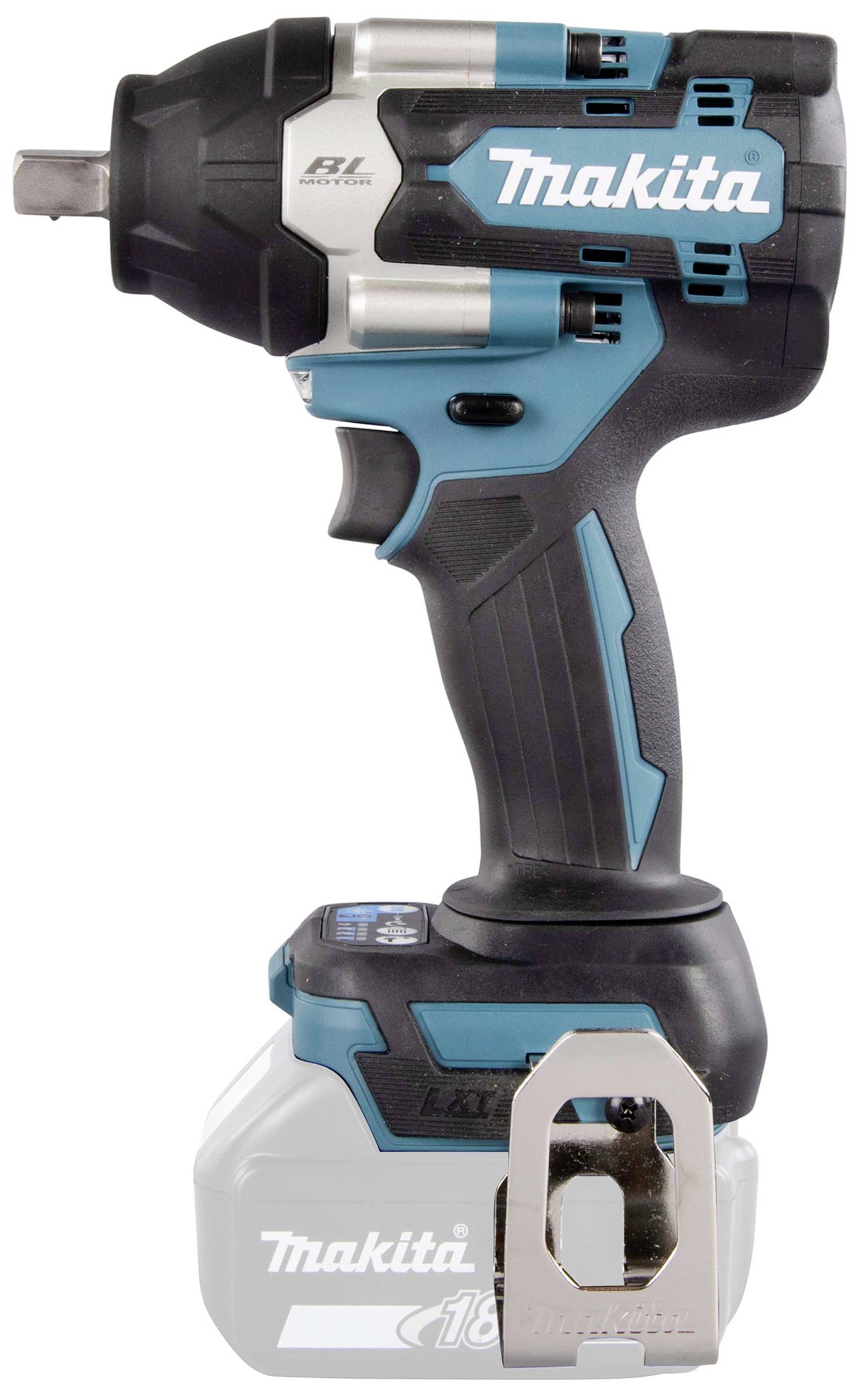 Avvitatore a percussione nero e blu con albero di trasmissione grigio e batteria removibile, nome del marchio sul lato.