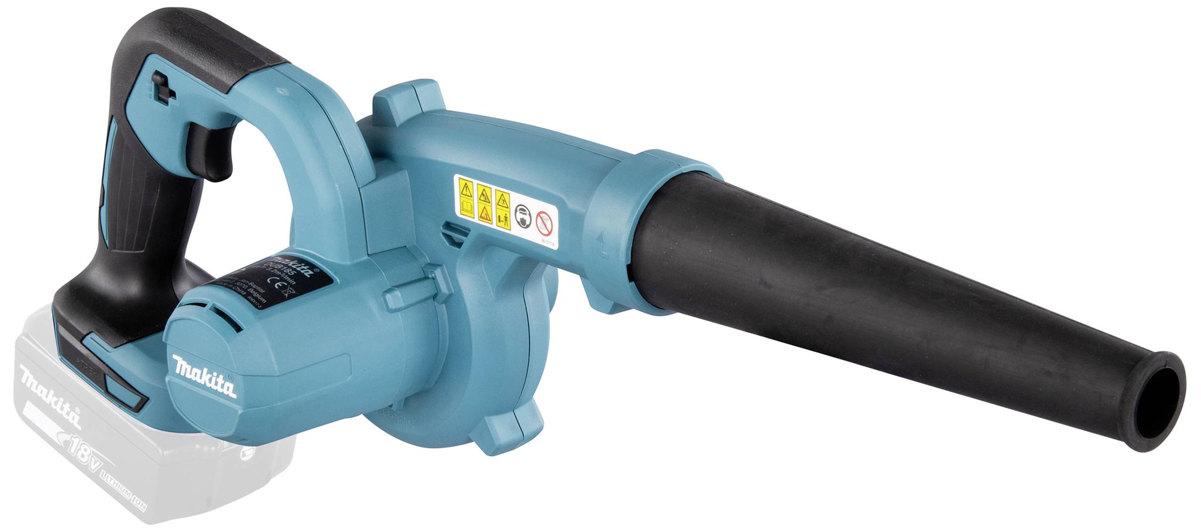 Soffiatore per foglie a batteria in turchese con tubo di aspirazione nero, idoneo per rimuovere sporcizia e foglie. Dotato di impugnatura ergonomica.