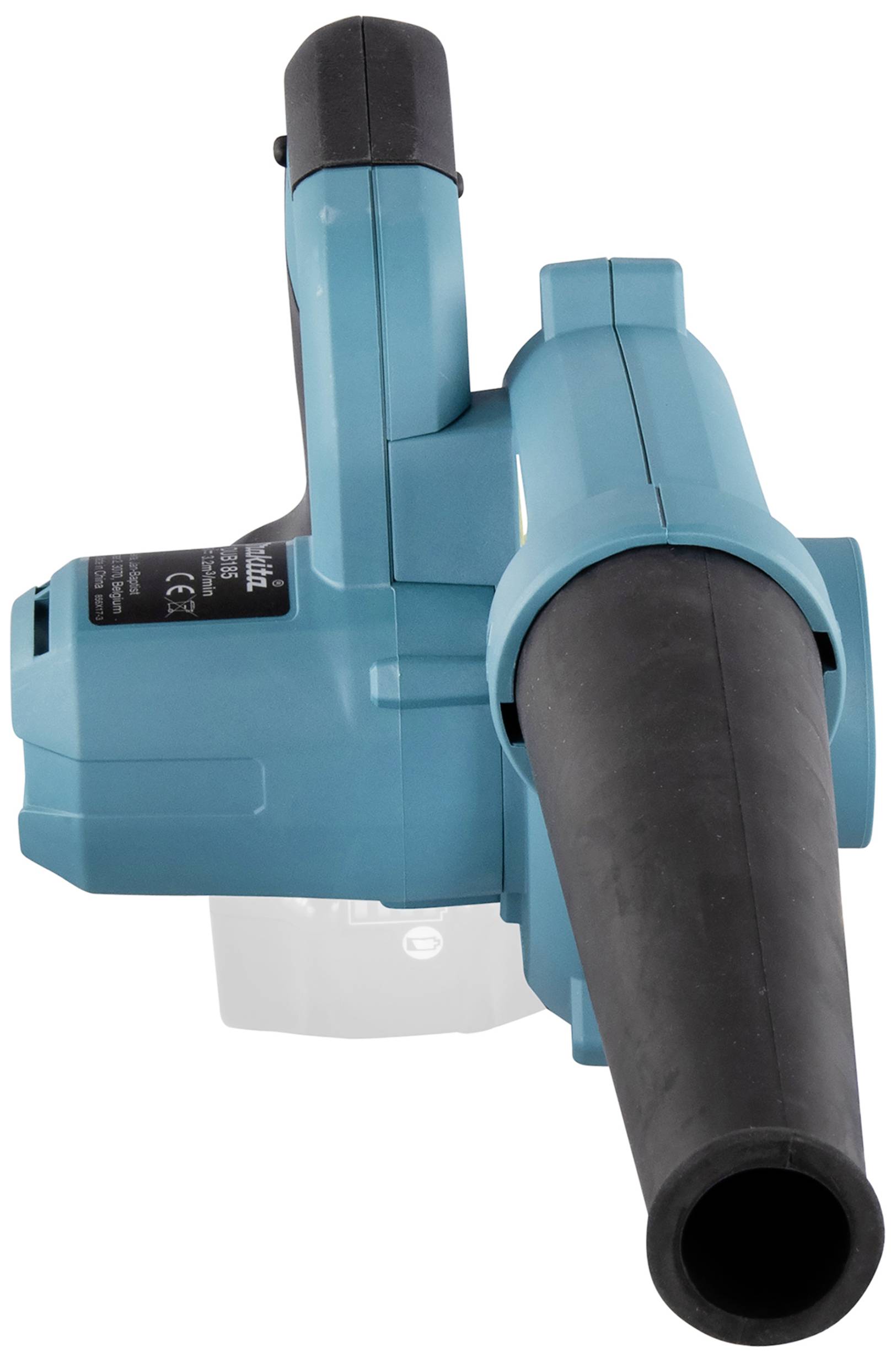 Un soffiatore portatile blu con uscita del getto nero, che rimuove polvere e foglie. Ideale per lavori di giardinaggio.