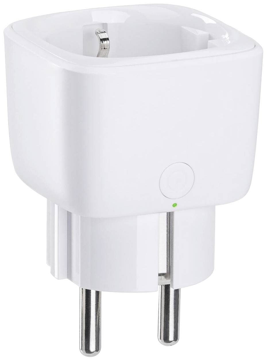 Un adattatore bianco con una manopola rotonda e un piccolo LED verde, adatto per prese elettriche europee.