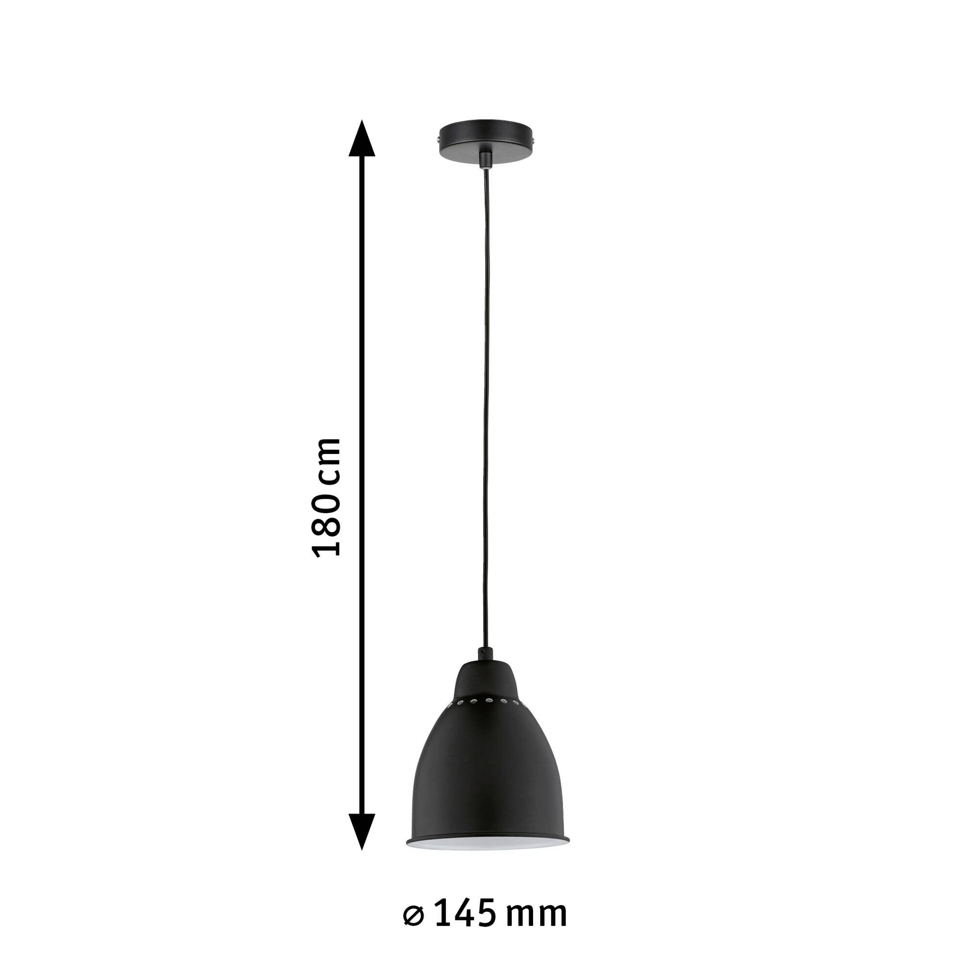 Una lampada a sospensione nera con una lunghezza totale di 180 cm e un diametro di 145 mm. È sospesa da un cavo nero.