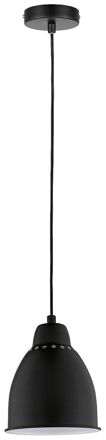 Una lampada a sospensione nera dal design liscio e minimale, appesa a un sottile cavo dal soffitto. Ideale per interni moderni.
