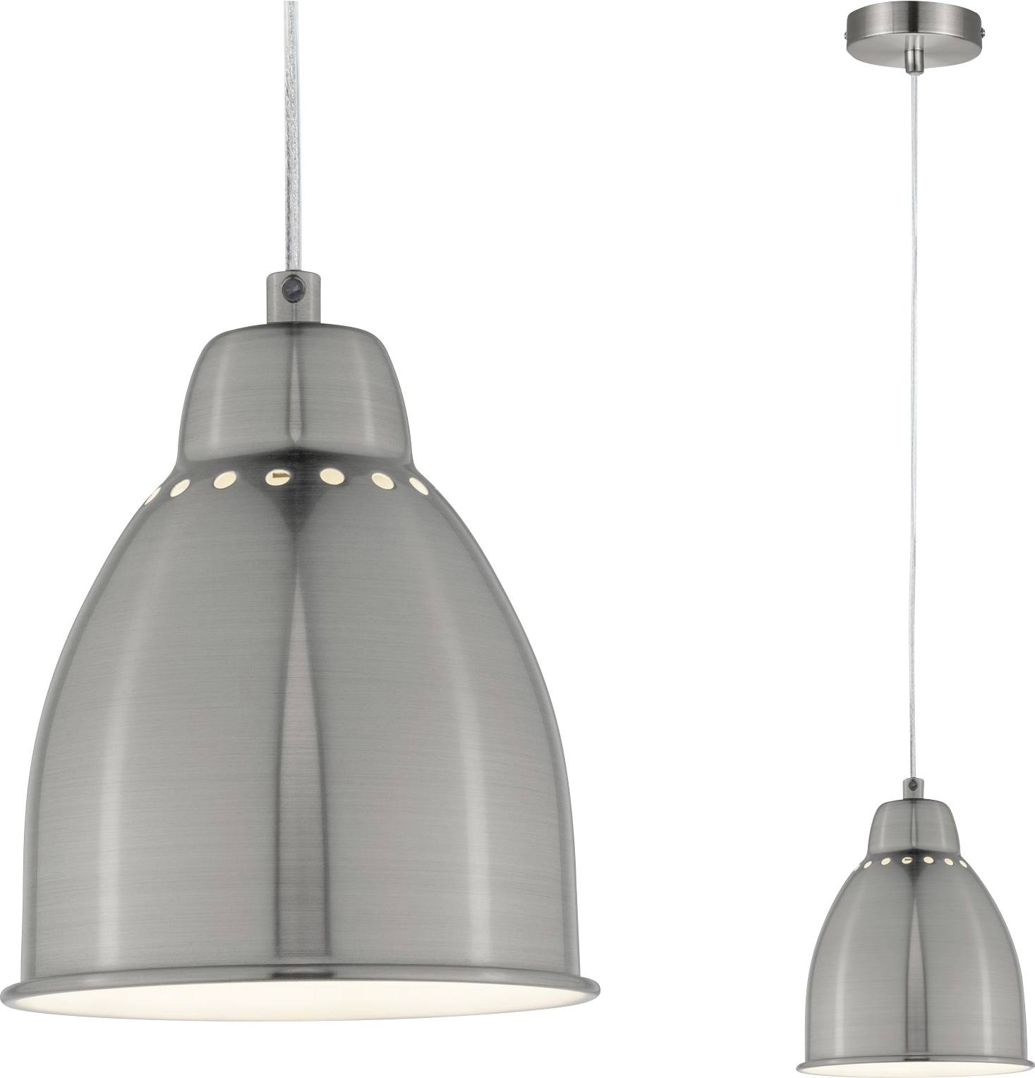 Due moderne lampade a sospensione metalliche a forma di cono pendono dal soffitto e forniscono illuminazione.