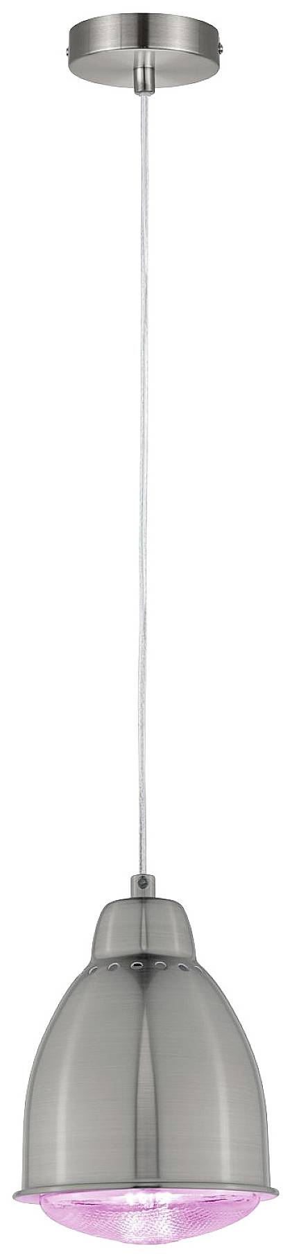 Lampada a sospensione argentata con lampadina rosa, design moderno.