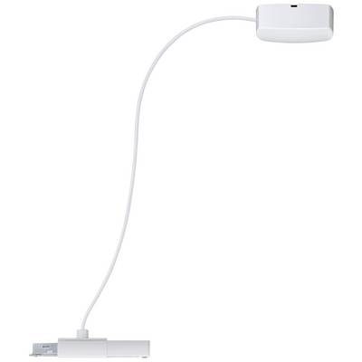 Una lampada da lettura bianca, flessibile, con clip per il fissaggio a mobili.