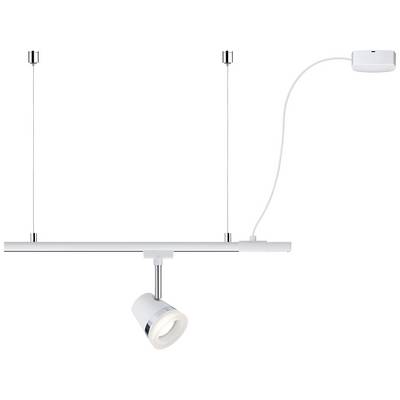Una lampada a sospensione bianca con spot regolabile, appesa a due fili. Idonea per l'illuminazione mirata di spazi interni.