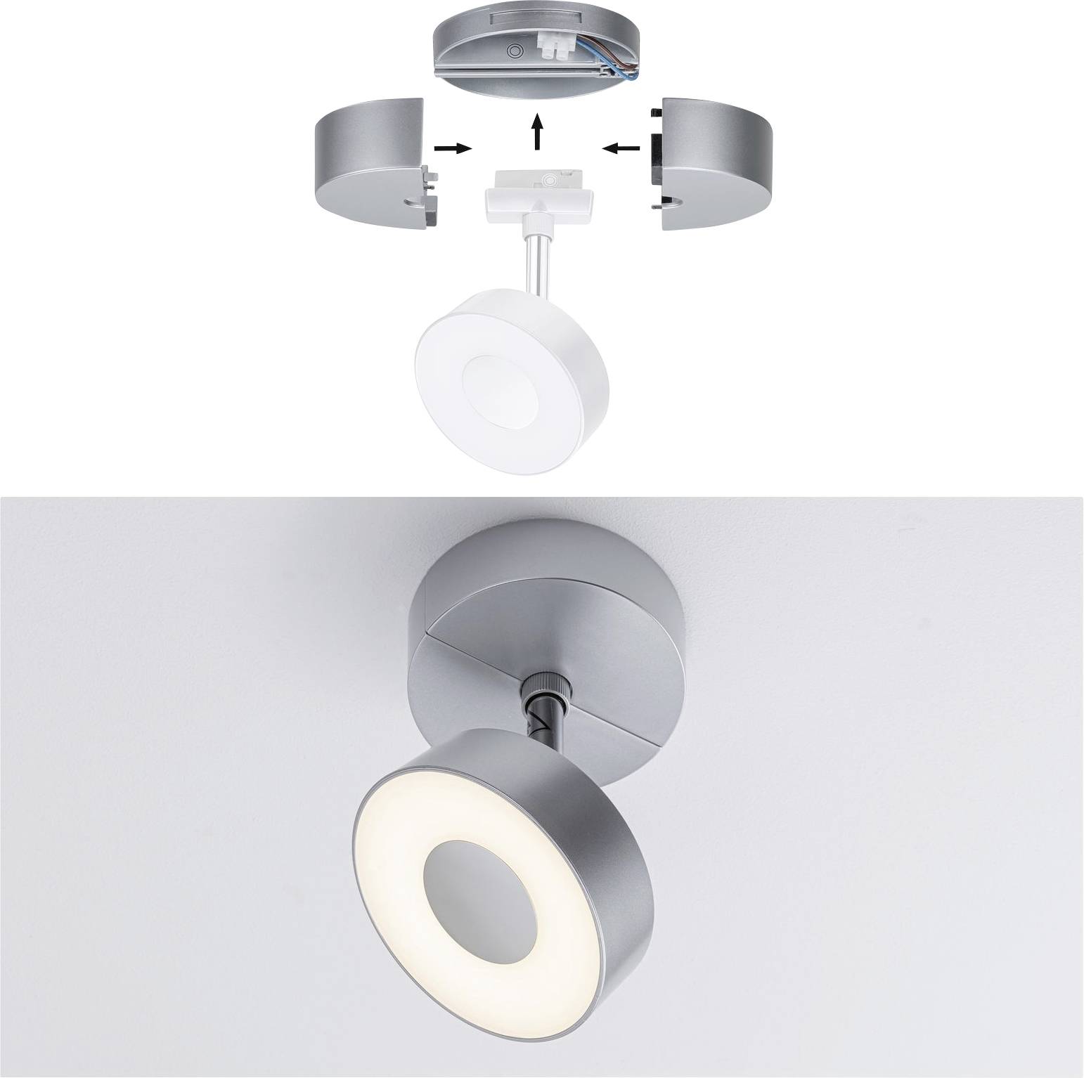 Montaggio Lampadario a Soffitto: In alto l'immagine mostra i passaggi per l'assemblaggio, in basso una lampada montata e illuminata.