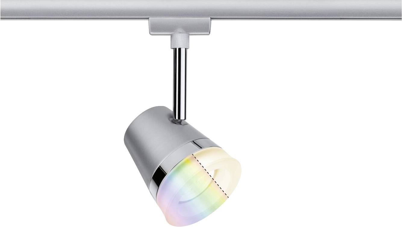 Proiettore LED argentato per sistema a binario con luce a cambiamento di colore. Ideale per un'illuminazione suggestiva in ambienti domestici.