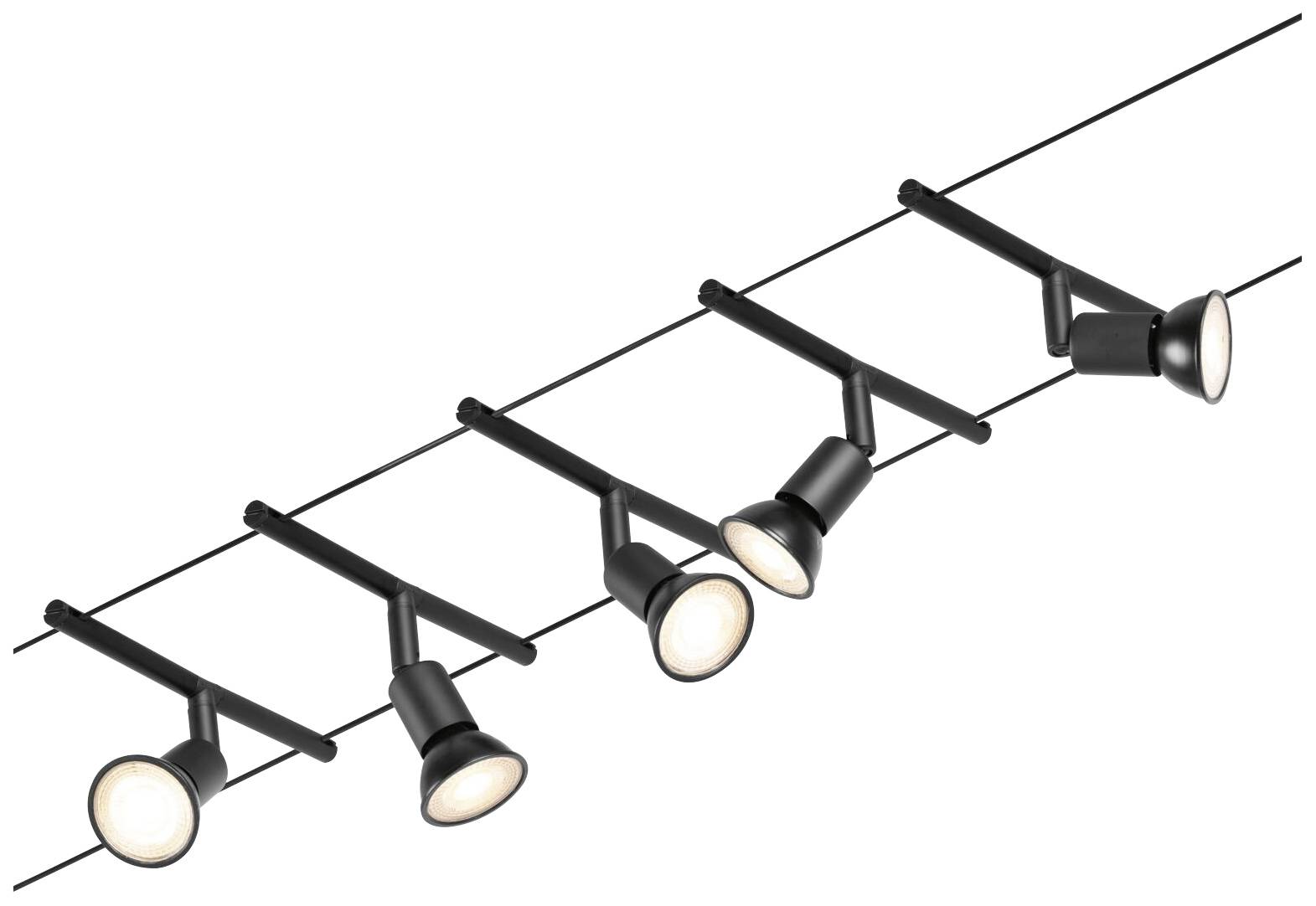 Un lampadario nero con cinque faretti regolabili disposti in fila, che illumina lo spazio in modo flessibile.