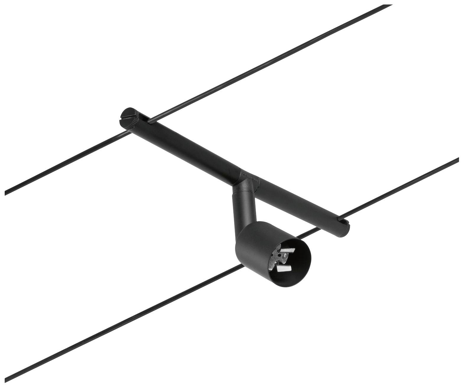 Adattatore nero cilindrico per tracklights montato su un sistema di binari elettrificati. Idoneo per l'utilizzo in soluzioni di illuminazione flessibili.