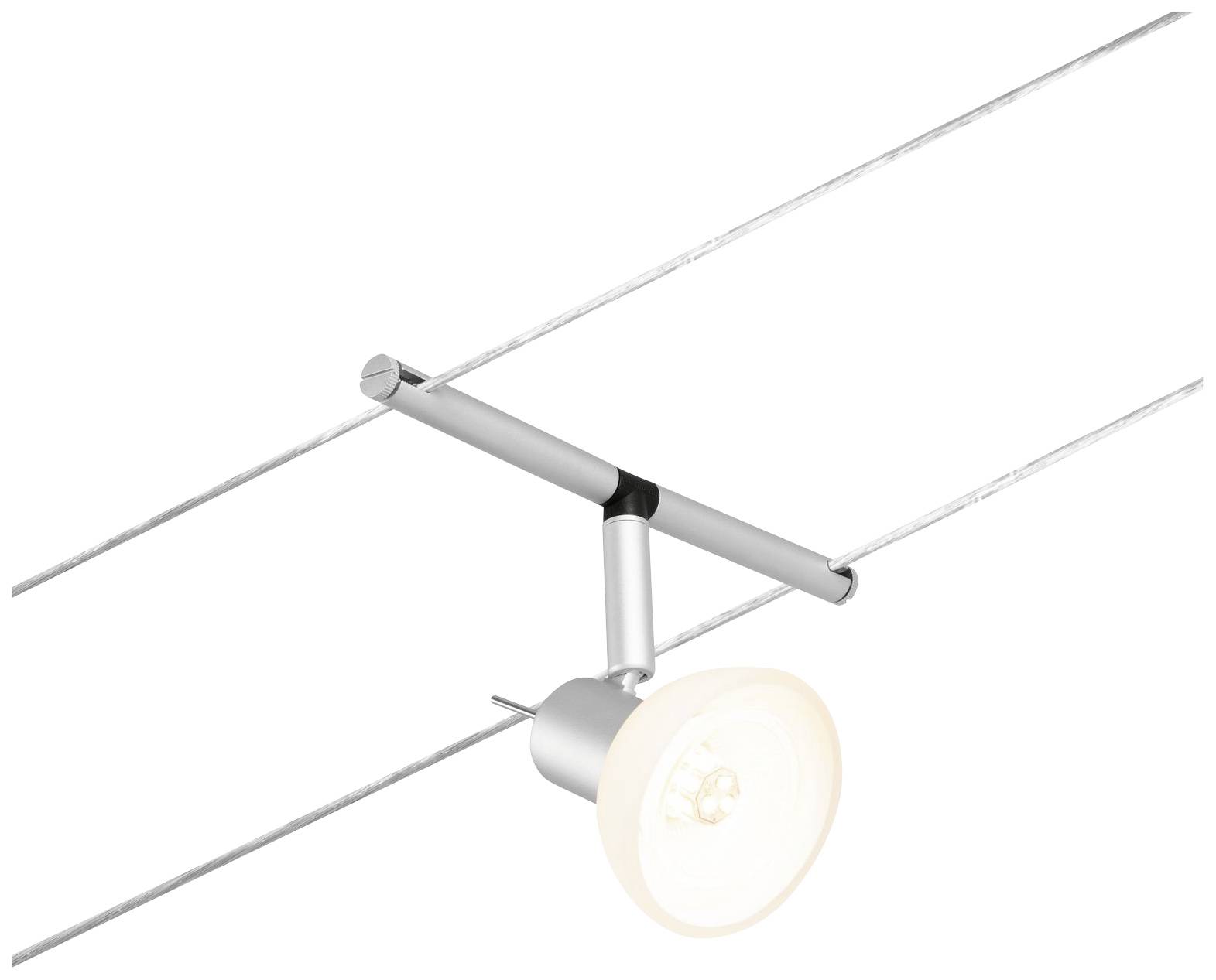 Una singola lampada da soffitto è montata su un sistema di cavi. La lampada emana una luce intensa e ha un design moderno e minimale.