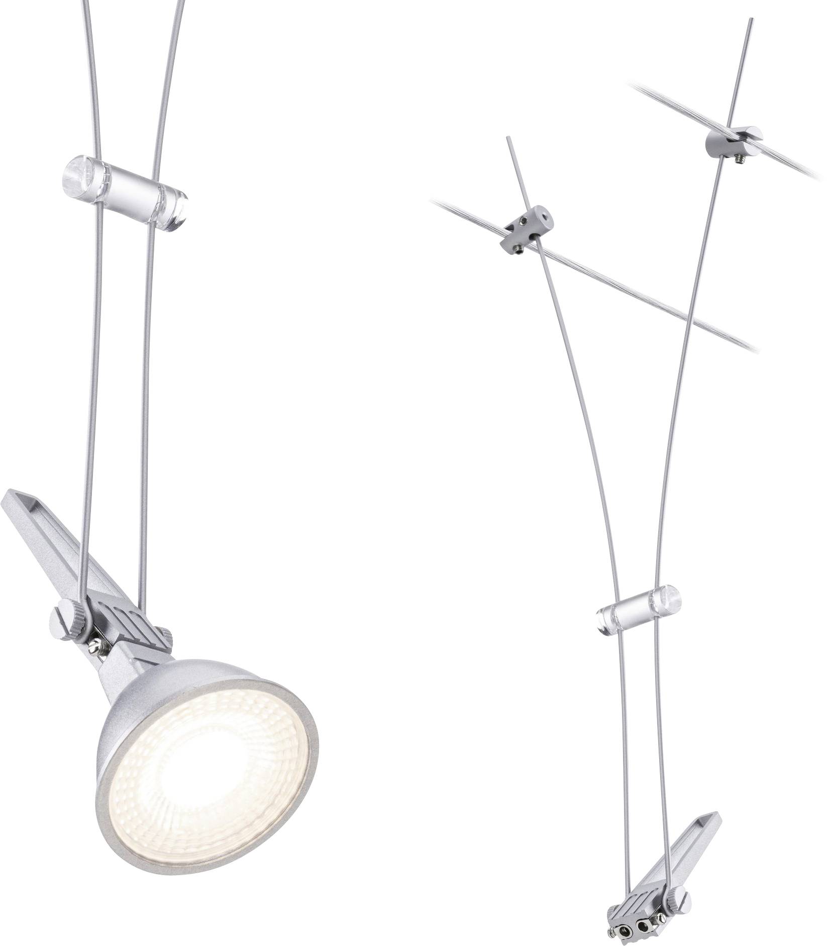 Un sistema di binari moderno con proiettori LED regolabili, montati su cavi, ideale per soluzioni di illuminazione flessibili.