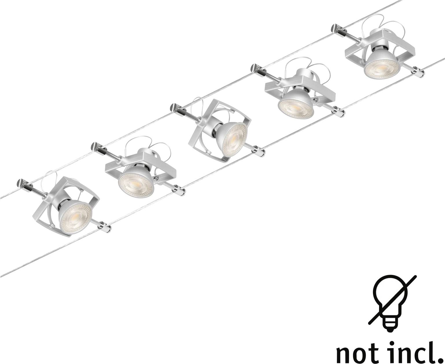 Cinque faretti da soffitto su una barra, colore argento. Nota: lampadine non incluse.