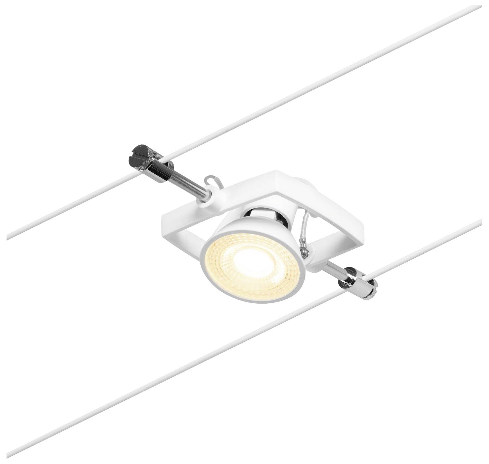 Lampada a sospensione bianca con proiettore LED rotondo, montata tra due cavi metallici paralleli. Adatta per un design di illuminazione moderno.