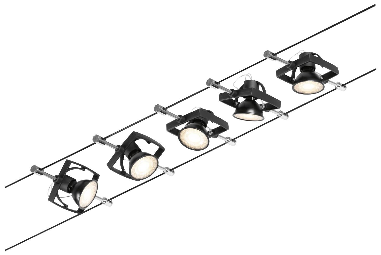 Cinque faretti neri su una guida dritta, distribuiti uniformemente e rivolti verso il basso, si accendono.