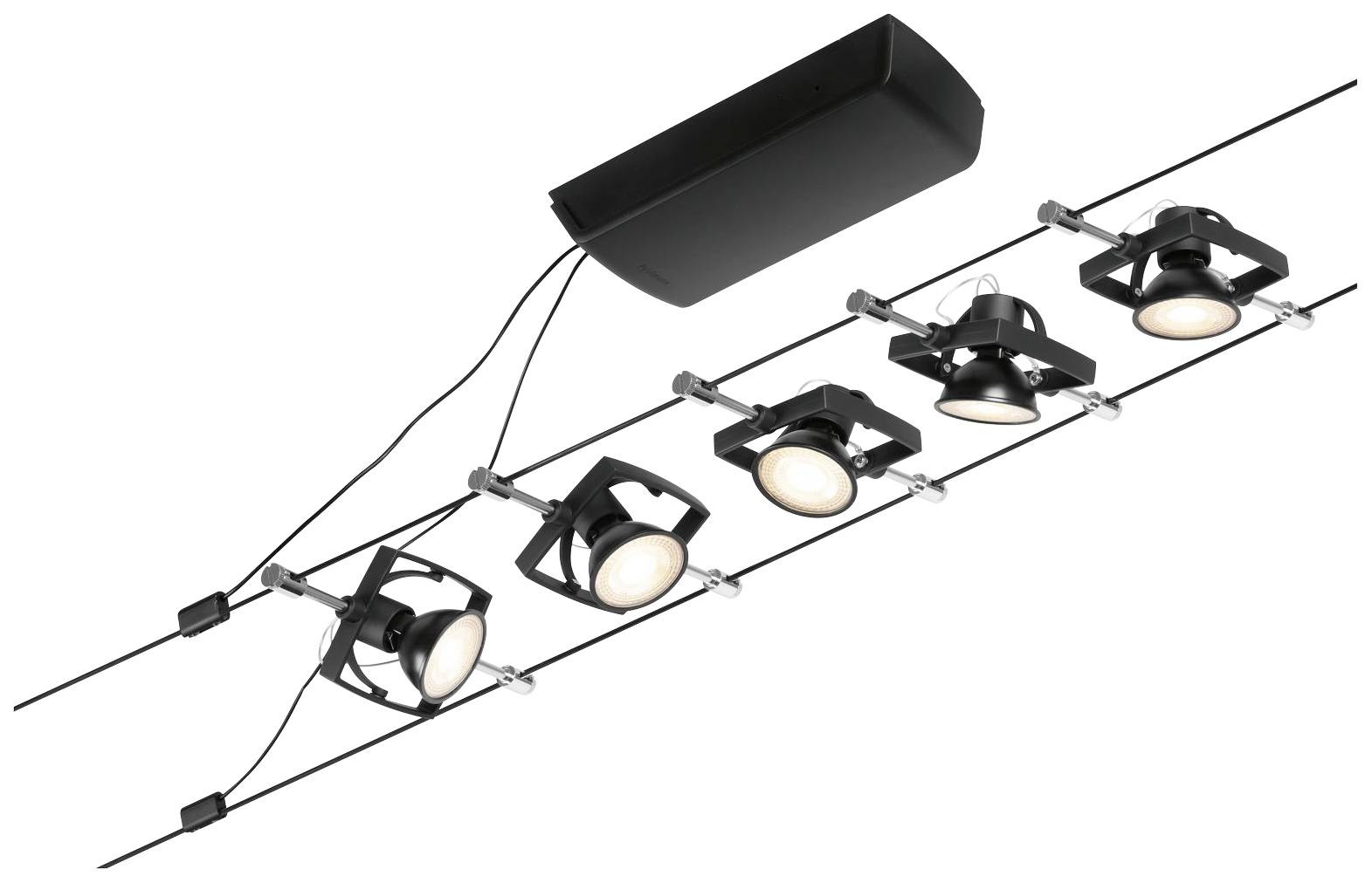 Plafoniera a faretti con cinque lampade nere regolabili montate su due fili paralleli, ideale per un'illuminazione mirata.