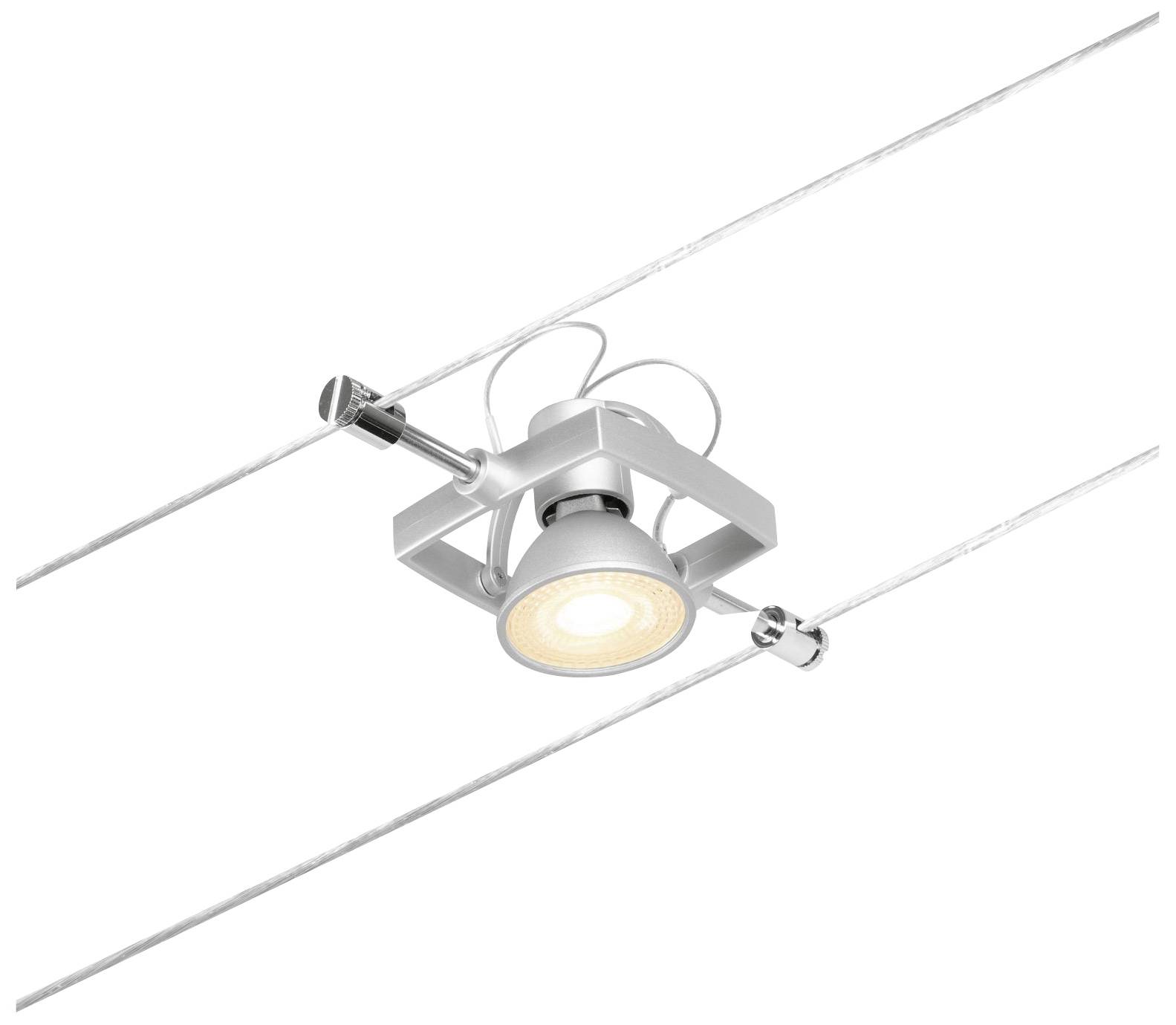 Un moderno proiettore da soffitto argentato su un sistema a cavi che offre una soluzione di illuminazione flessibile.