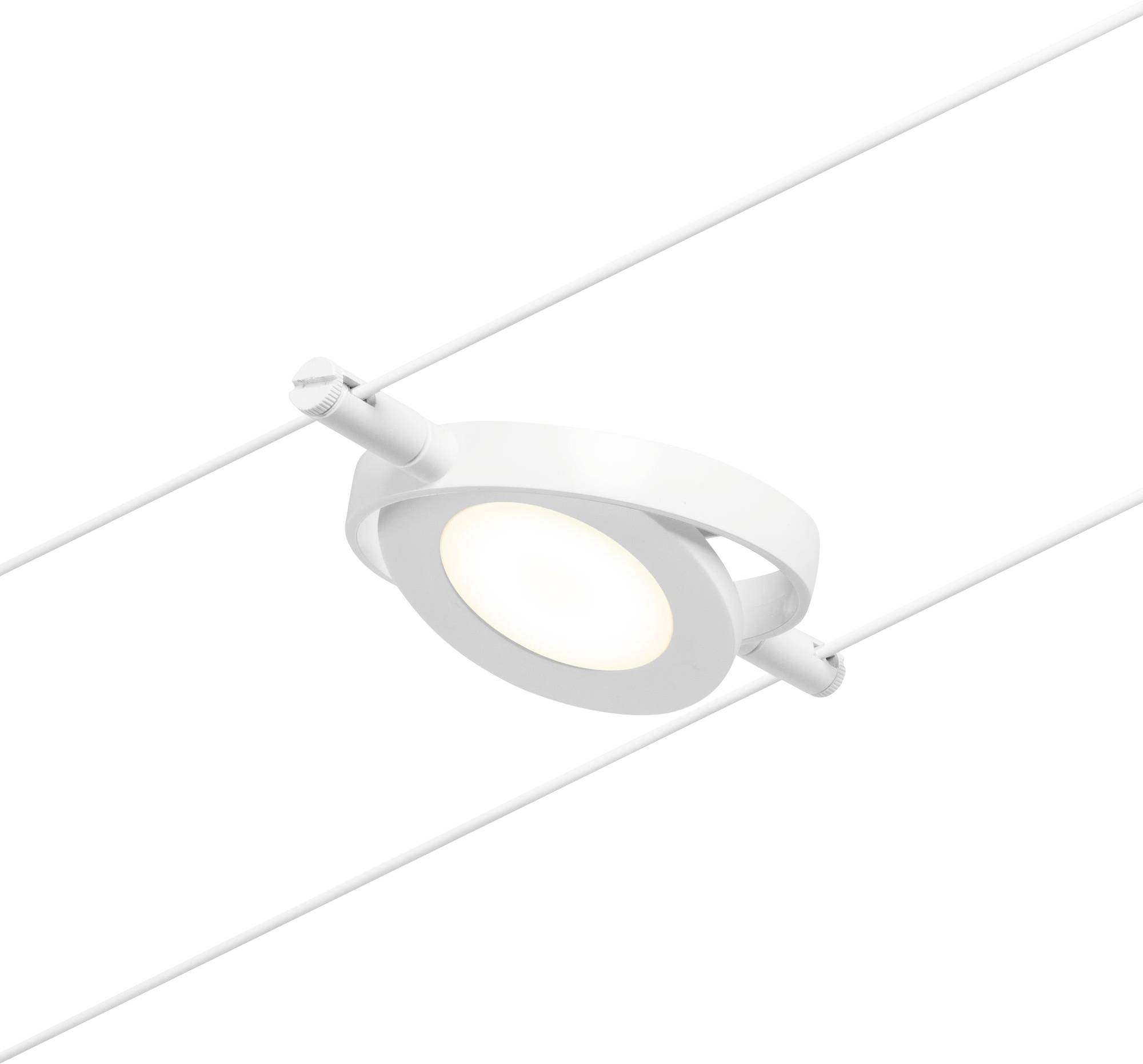 Lampada da soffitto bianca dal design circolare e minimale, sospesa tramite due cavi paralleli, che illumina un ambiente.