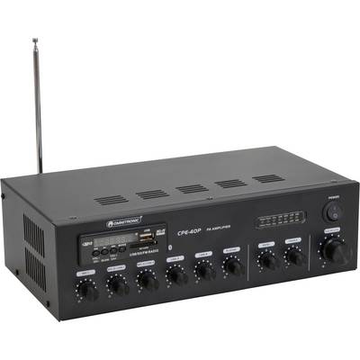 Amplificatore PA con più manopole di regolazione per volume e tono, porta USB, funzione Bluetooth e antenna sul retro.