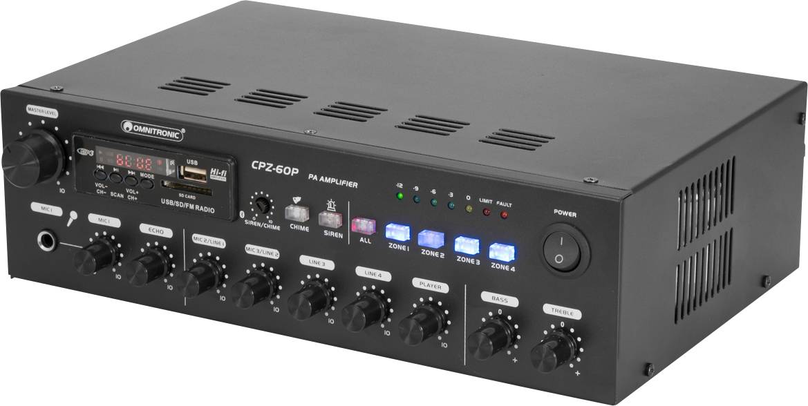 Amplificatore con più pulsanti e interruttori, mostra la selezione delle zone e il controllo del volume; indicatori LED per lo stato operativo.
