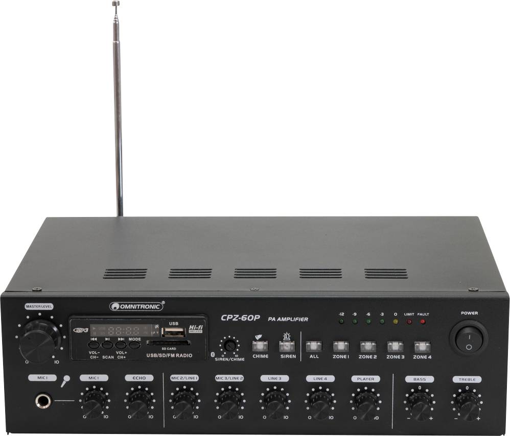 Amplificatore nero compatto con diversi manopole di regolazione e connettori sul pannello frontale, idoneo per applicazioni audio.