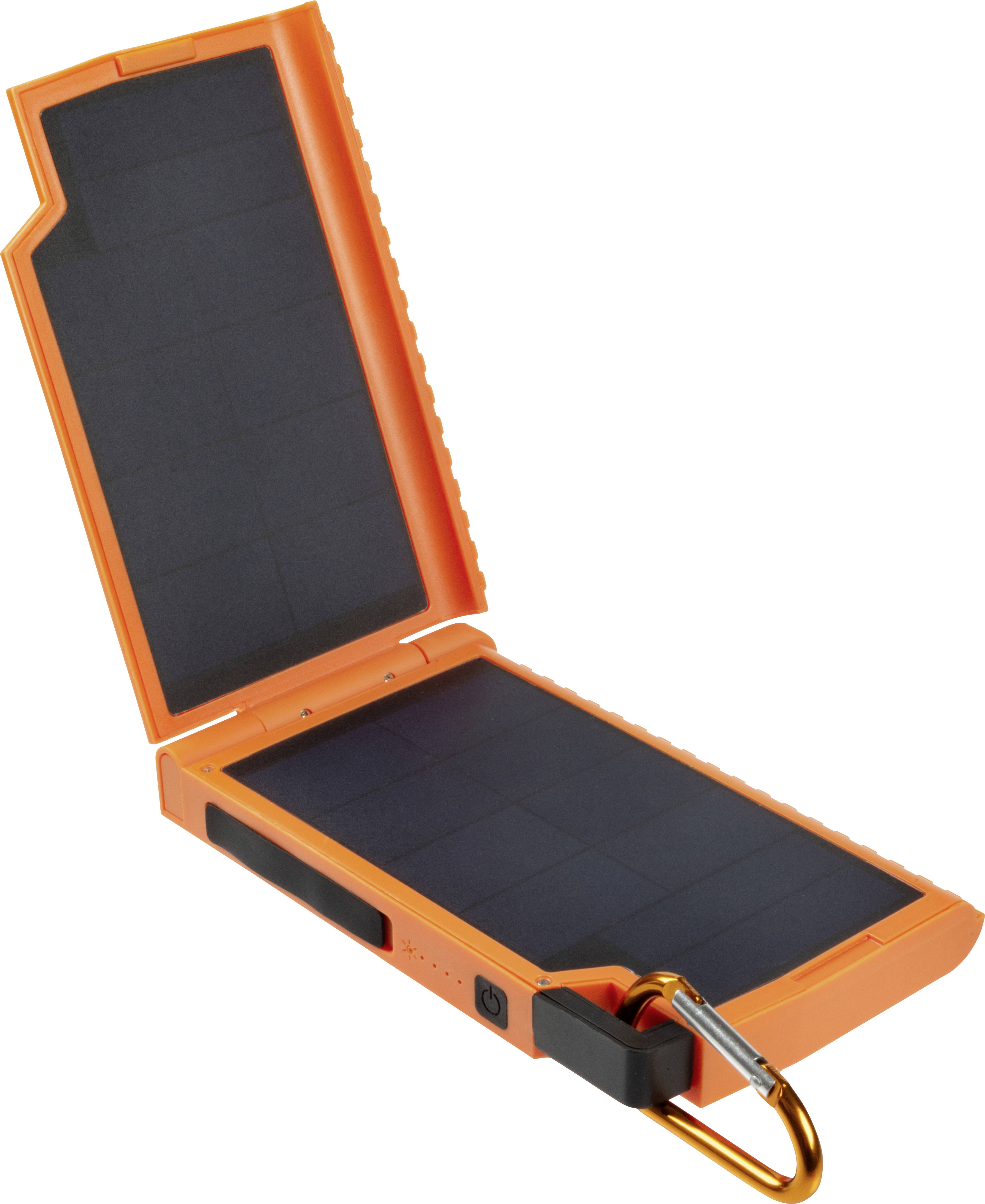 Powerbank arancione alimentata a energia solare con moschettone, aperta e pronta all'uso. Progettata per attività all'aperto e ricarica mobile.