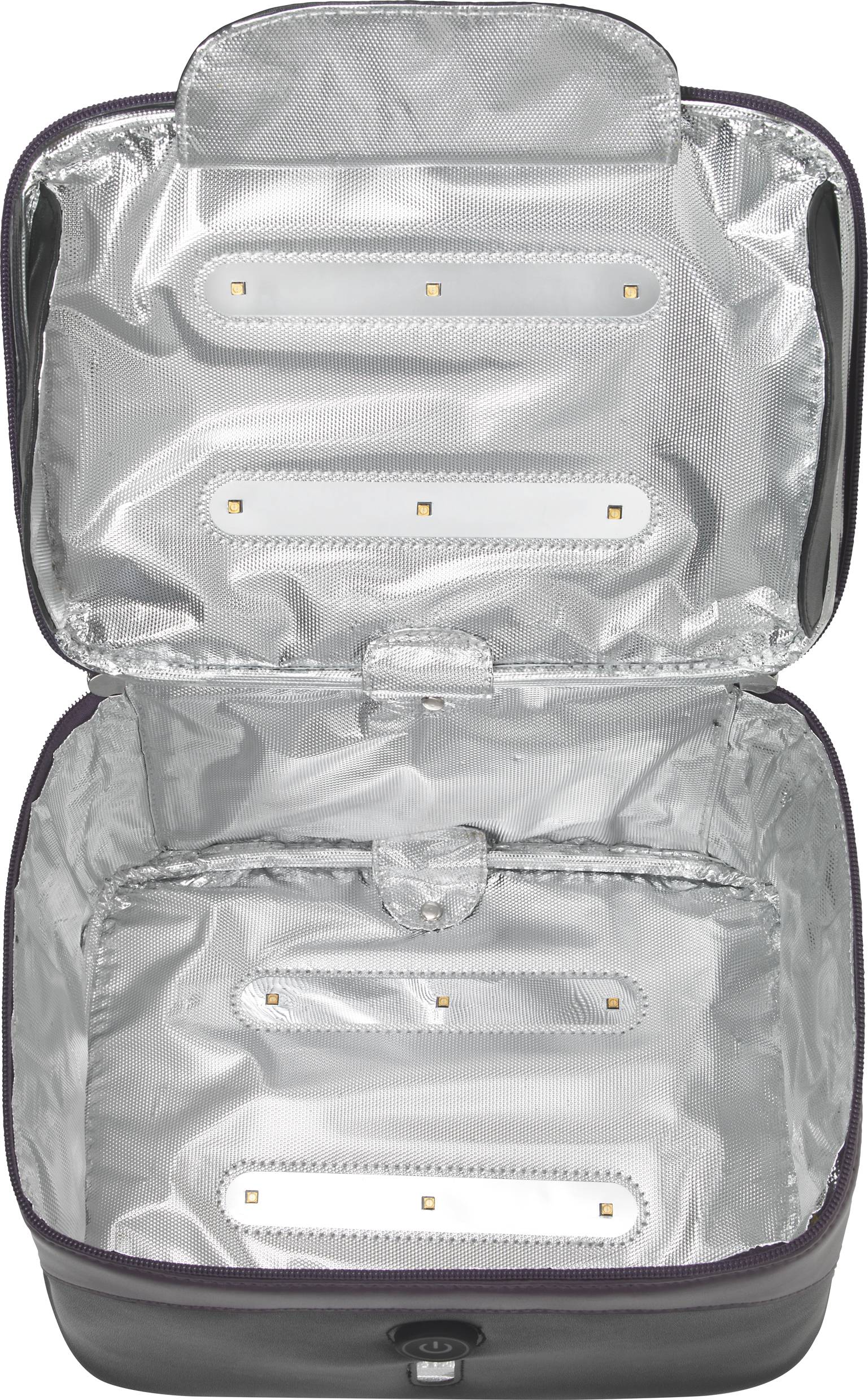 Una borsa grigio-argento aperta con superficie interna riflettente e diversi piccoli scomparti rettangolari.