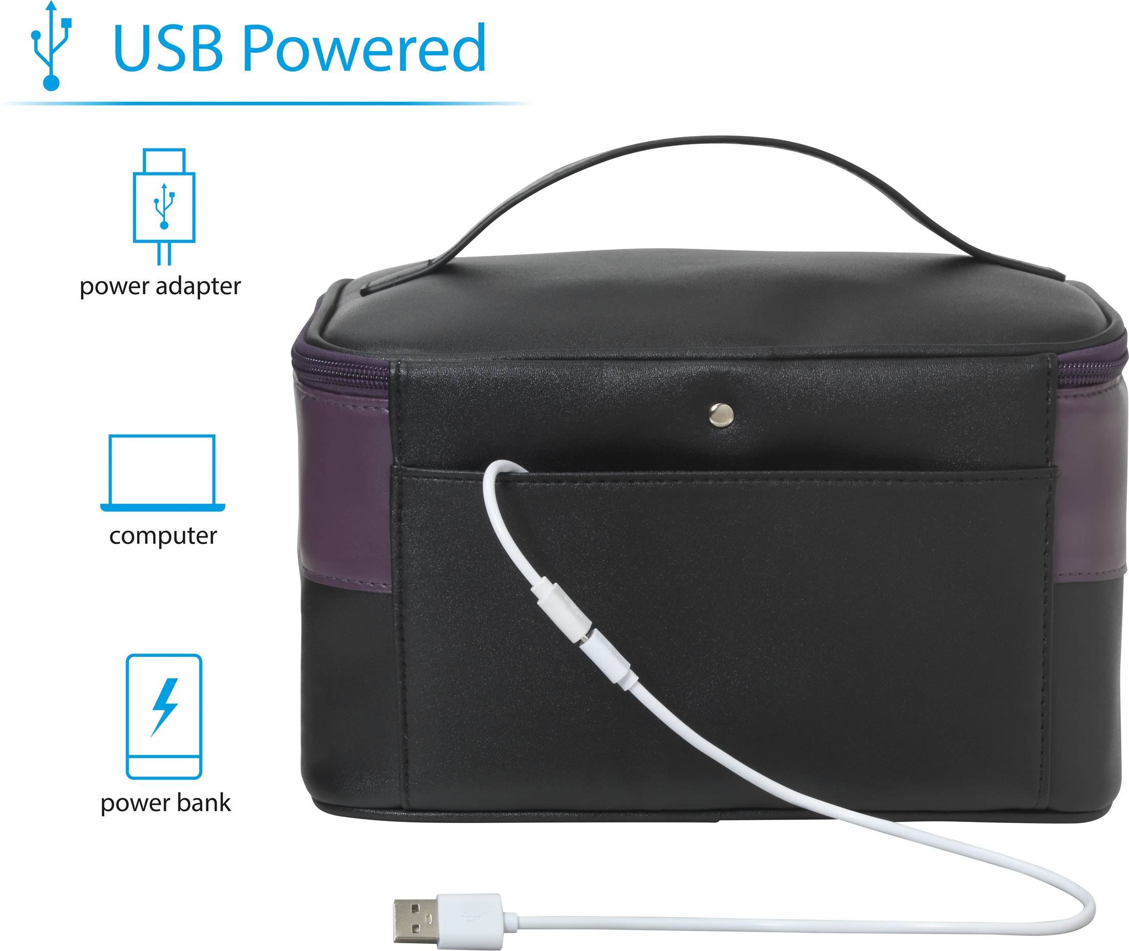 Una borsa nera con una connessione USB mostra che può essere collegata a un adattatore di rete, un computer o una power bank.