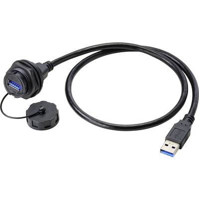 Un connettore USB 3.0 impermeabile con coperchio protettivo rimovibile e cavo di collegamento.
