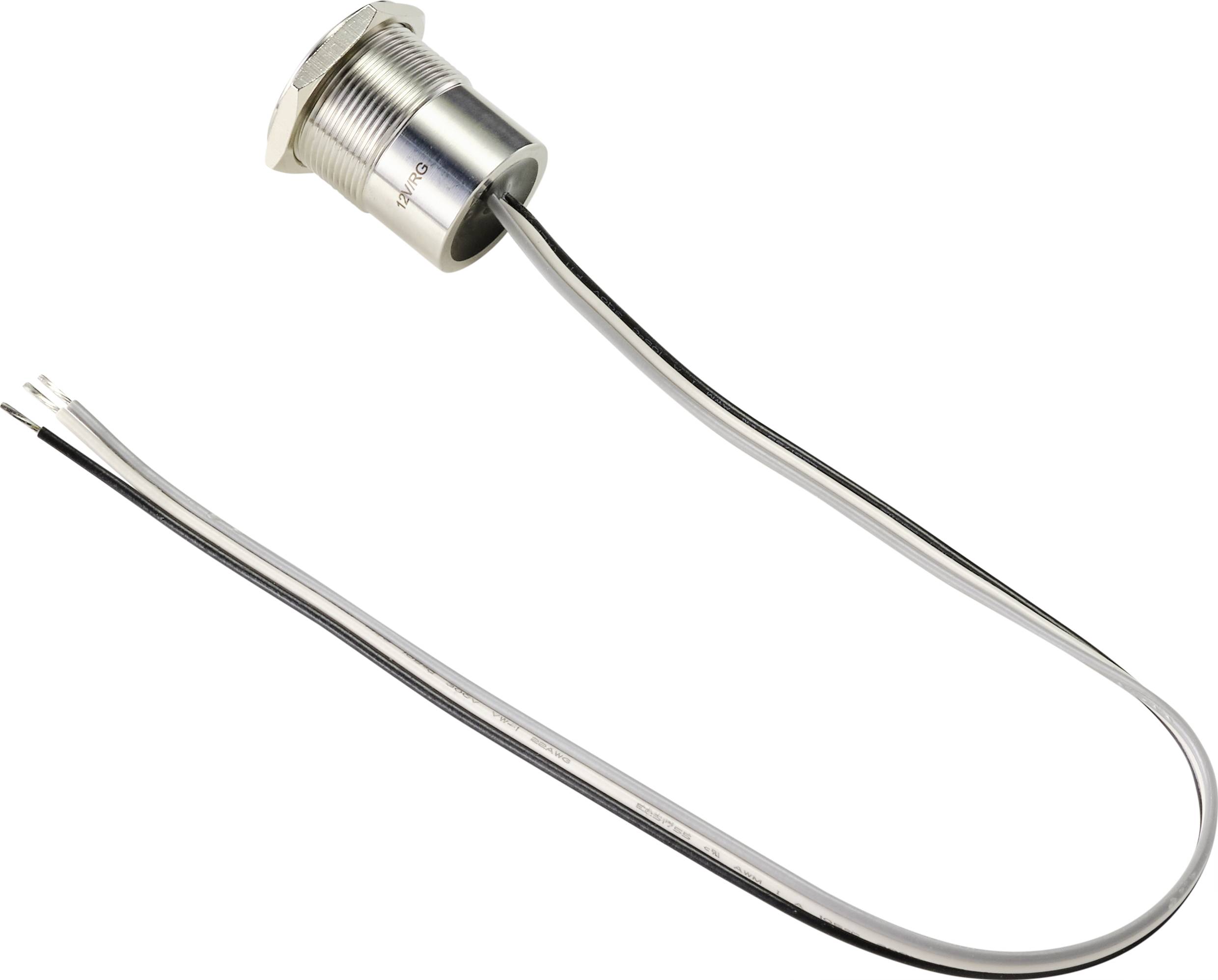 Sensore cilindrico metallico con cavo nero e bianco, adatto per utensili industriali o applicazioni tecniche.