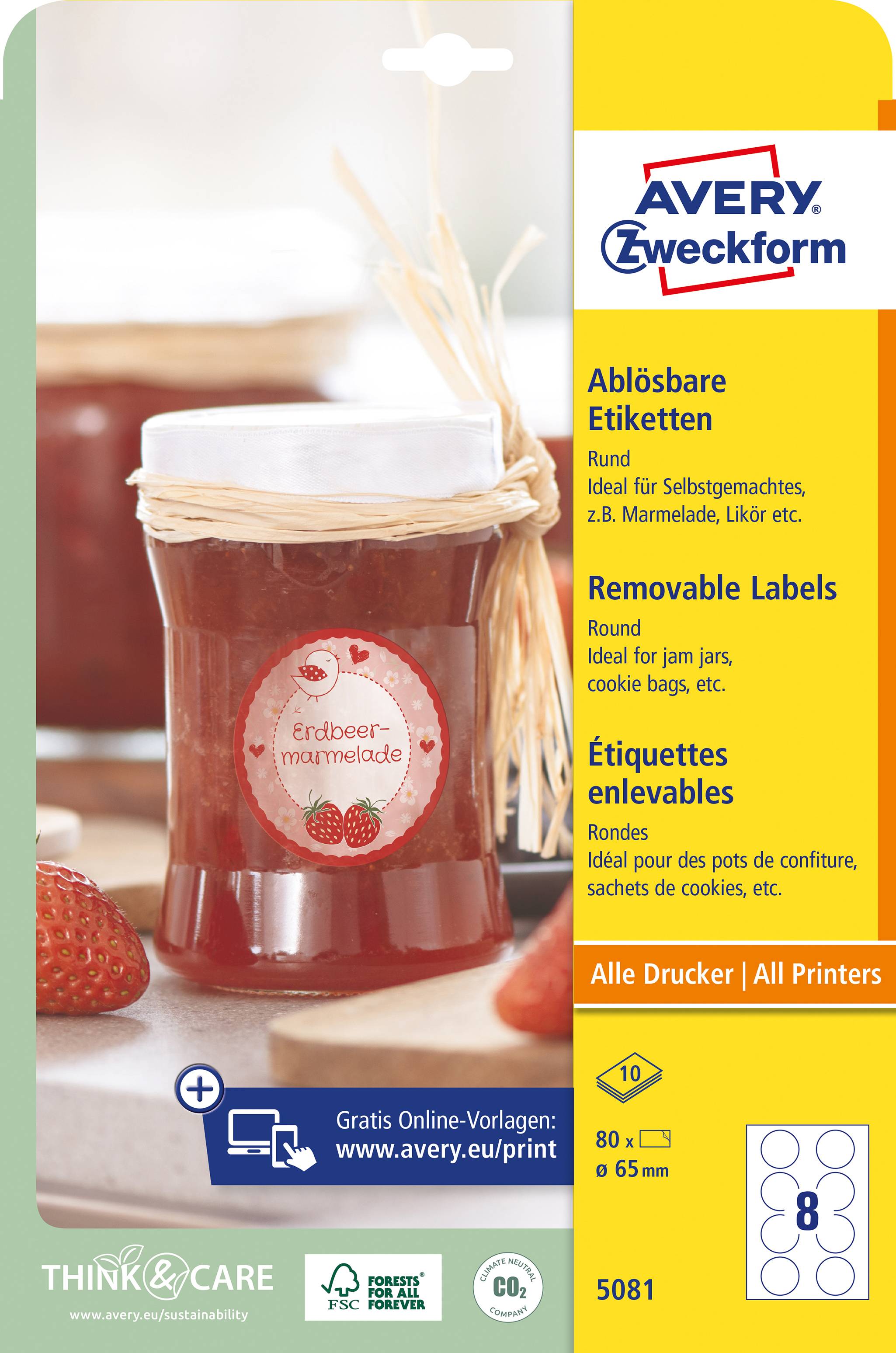 'Vasetto di marmellata di fragole con etichetta removibile di Avery Zweckform. Etichette ideali per marmellate, liquori ecc. Per tutti i tipi di stampanti.'