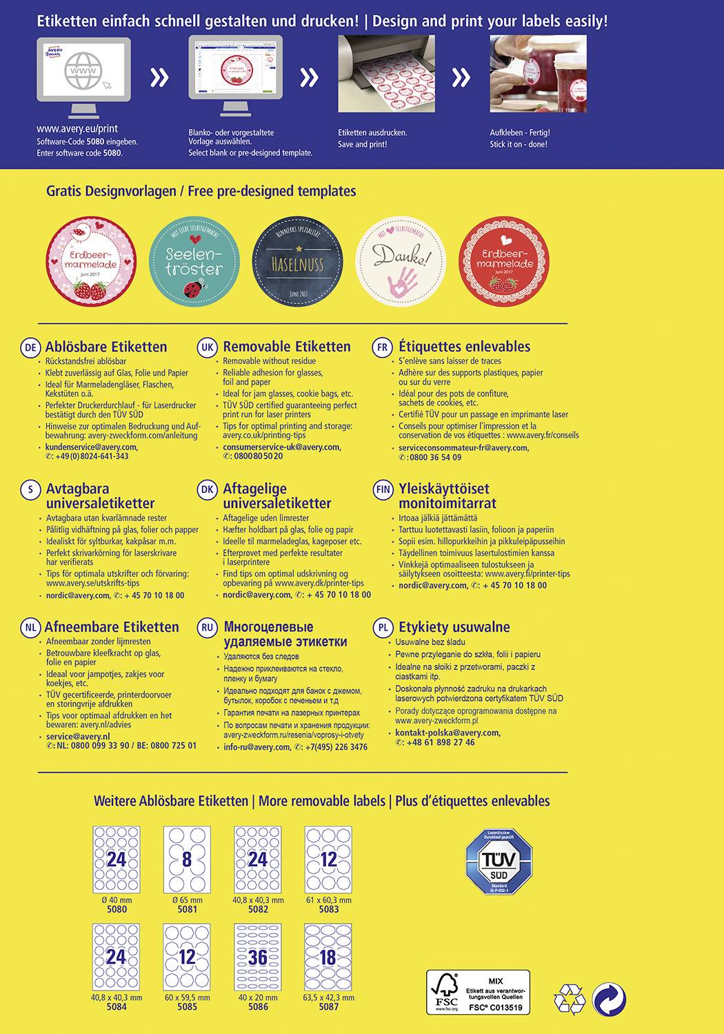 'Crea e stampa le etichette facilmente e velocemente! Progetta e stampa le tue etichette con facilità!' Varie grafiche ed informazioni per etichette in più lingue, incluse dimensioni e possibilità di applicazione.