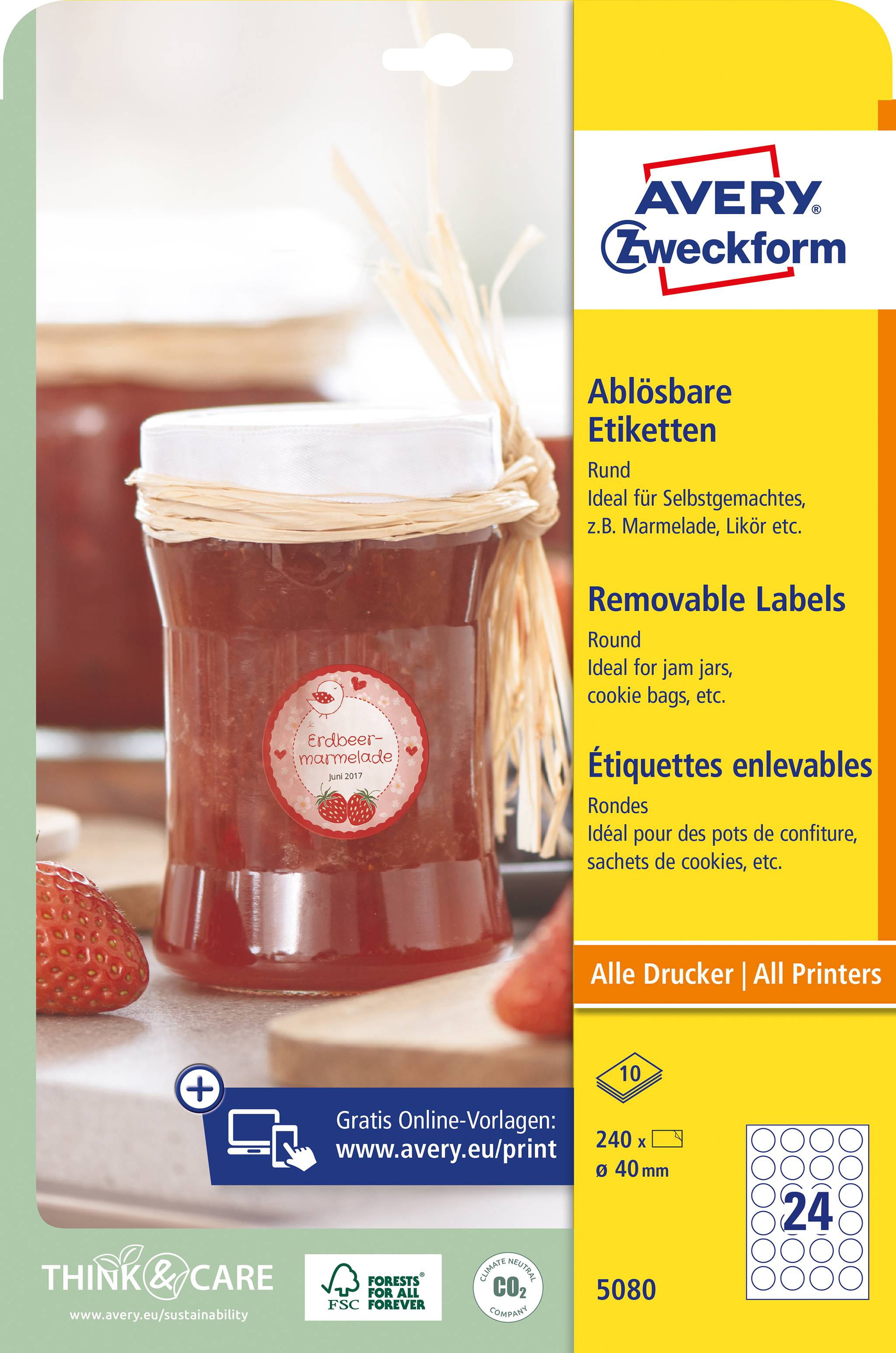 Un vasetto di marmellata di fragole con etichetta 'Confettura di fragole'. Accanto, etichette removibili di Avery Zweckform, adatte per marmellate e biscotti.