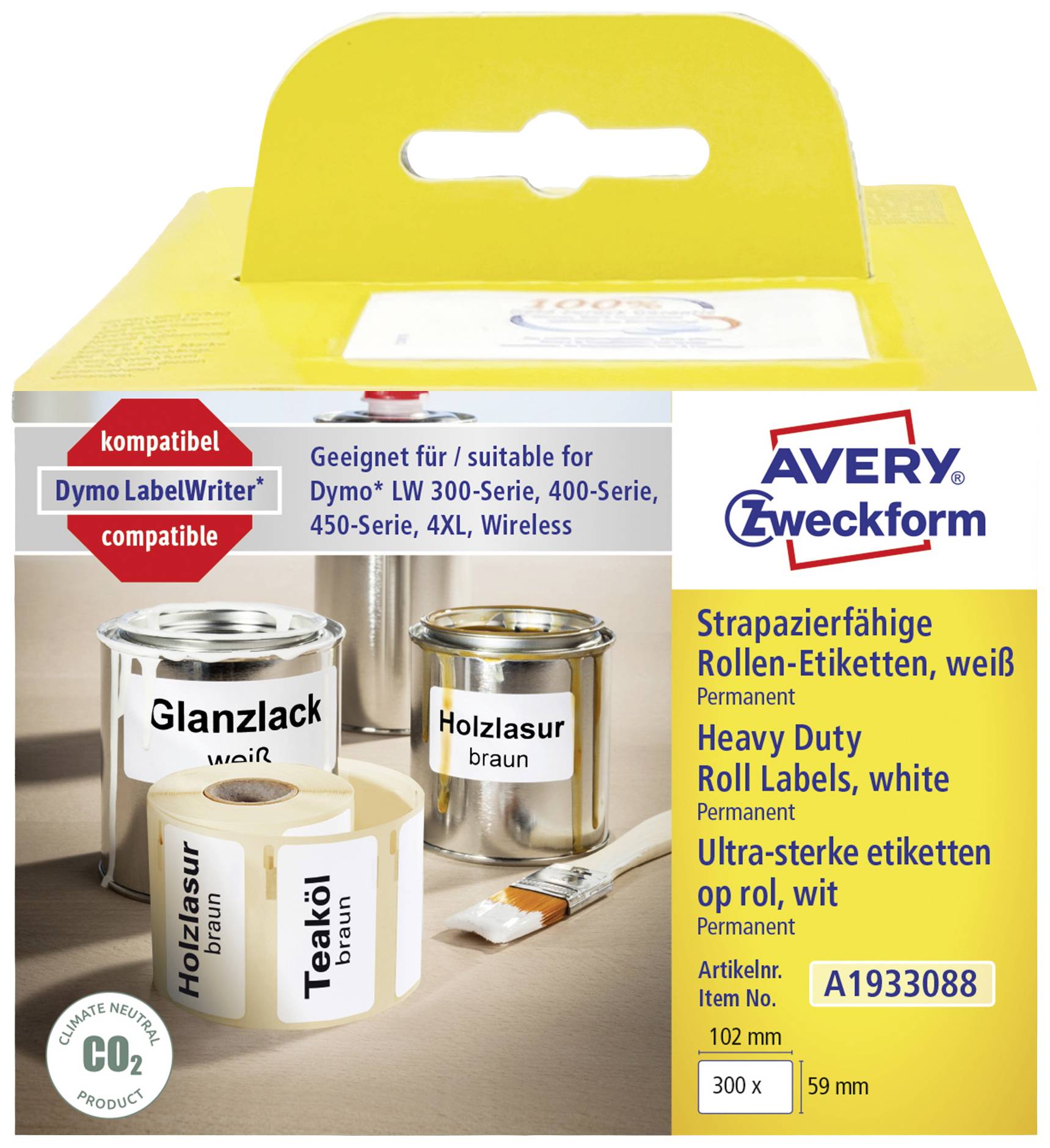 'Confezione di etichette di Avery Zweckform, compatibile con Dymo LabelWriter, bianche, resistenti, codice articolo A1933088.'