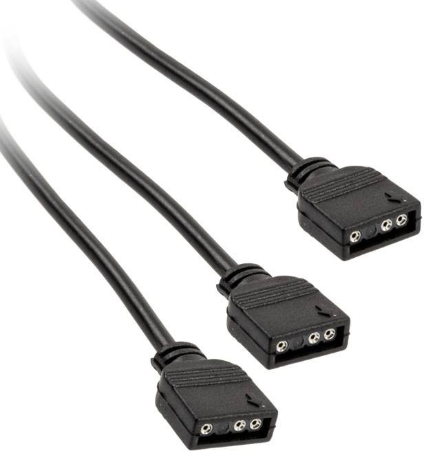 Tre cavi neri con connettori a tre poli alle estremità, probabilmente utilizzati per il collegamento di strisce LED.
