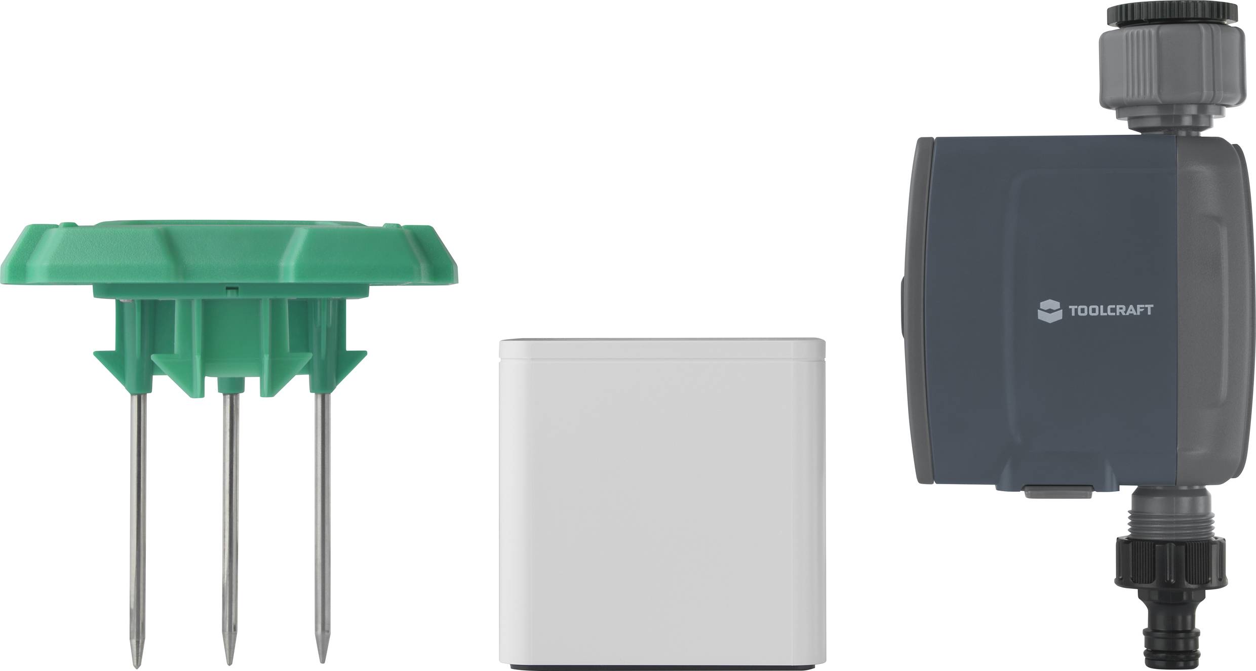 'Irrigazione intelligente del giardino: sensori e dispositivo di controllo in plastica per l'irrigazione automatica ed efficiente delle piante.'