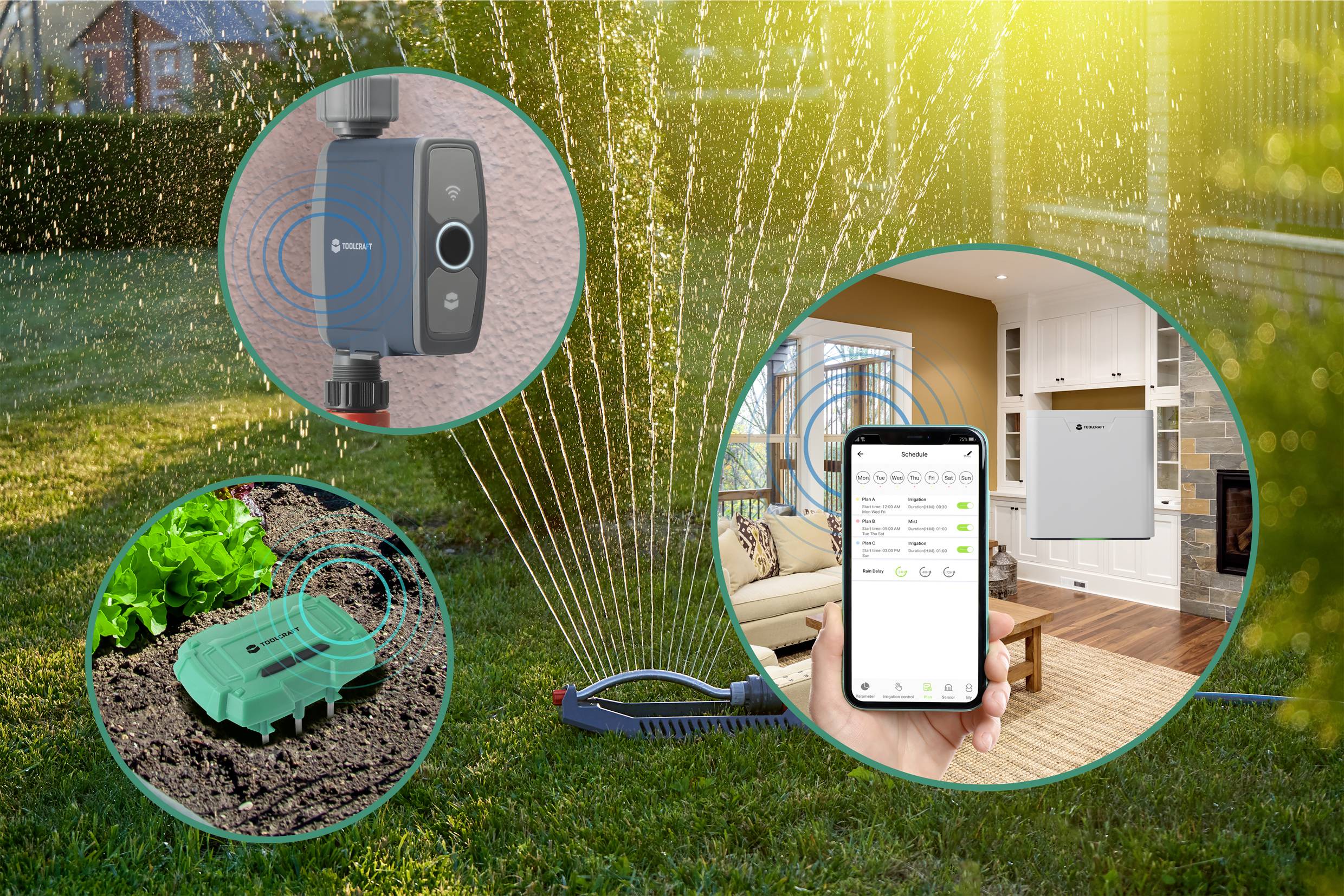 Sistema di irrigazione: Un smartphone mostra un'app per il controllo dell'irrigazione del giardino. Vari dispositivi sono connessi.