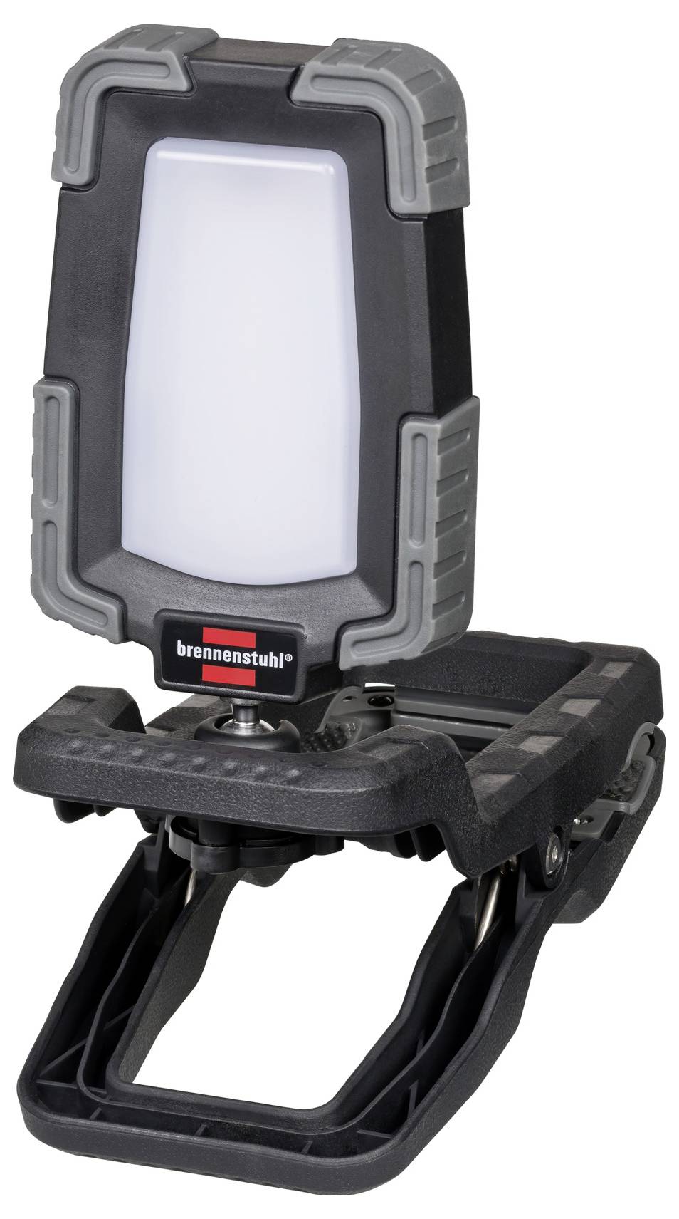 Lampada da lavoro LED portatile su supporto regolabile, con cornice protettiva nera e grigia e maniglia per il posizionamento su una superficie.