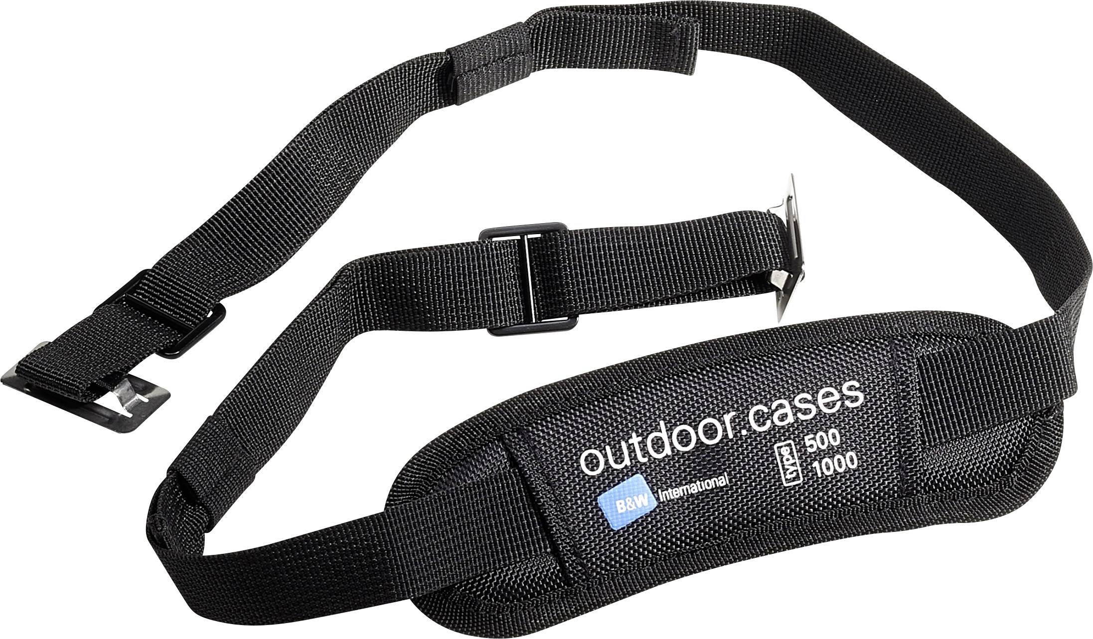 Tracolla nera regolabile con scritta 'outdoor.cases', modelli '500' e '1000', per borse per fotocamere o attrezzature.